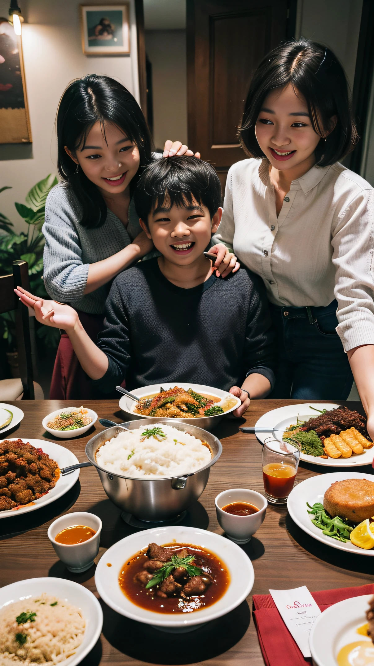 A high-quality 8K digital photo of a happy family in Vietnam during the 1990s gathered around the dinner table, enjoying each other's company. The photo captures the warmth and love of the family, with everyone smiling and laughing together. The scene is filled with nostalgic details, such as the traditional Vietnamese dishes on the table and the decor of the room. The photo is captured with incredible detail, ensuring that every aspect of the scene is rendered with stunning accuracy. The image is free of any distracting flaws, and the overall effect is a heartwarming and delightful image that celebrates the joy and togetherness of family life in Vietnam during the 1990s. Juxtaposed with this scene are works of contemporary artists such as Do Ho Suh, Danh Vo, and Tiffany Chung, as well as fashion designers such as Phuong My and Cong Tri.