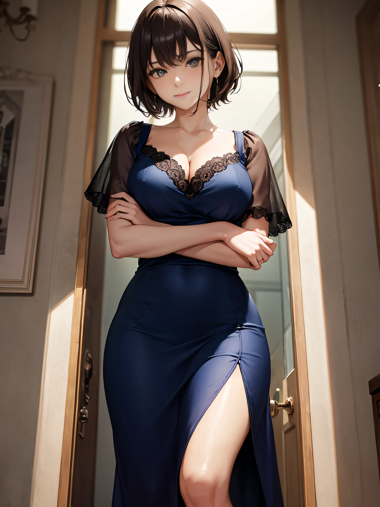 breasts, from_below, toes, crossed_arms, shiny_skin, girl,woman,female, young,20 years old, short hair, brown hair, Authentic and detailed face, light smile, complex details beautiful and delicate eyes, closed_mouth, Delicate arms and hands, human hands, cleavage, black eyes, short_dress, skindentation, blue Clothes, indoors, bloom, wallpaper 8k CG, highres, extremely CG,