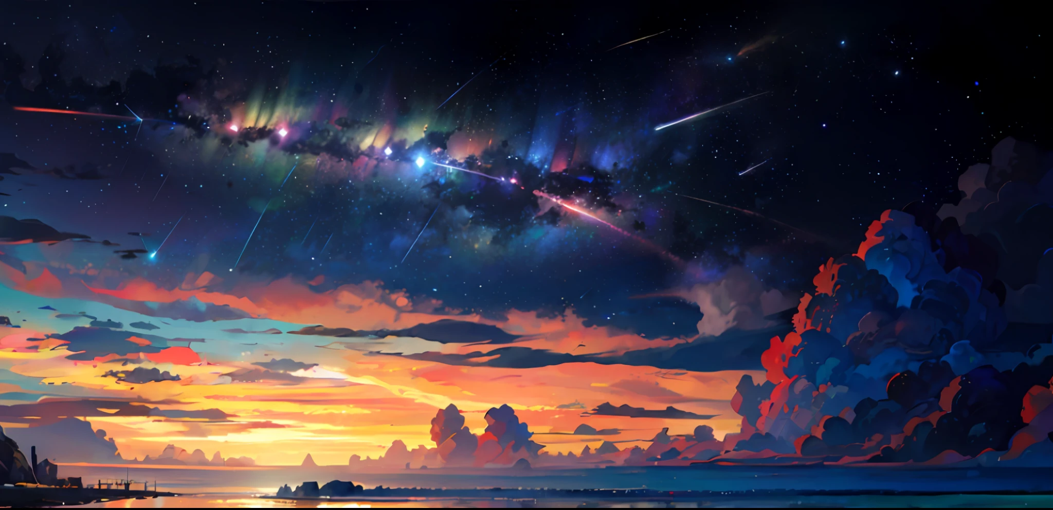 (zoom:1.1), (meteor shower:1.2), (comet:1.1), low angle, arora borealis, shooting star, top quality, masterpiece, clouds, colorful, southeast Asian beach, summer, seascape, small islands