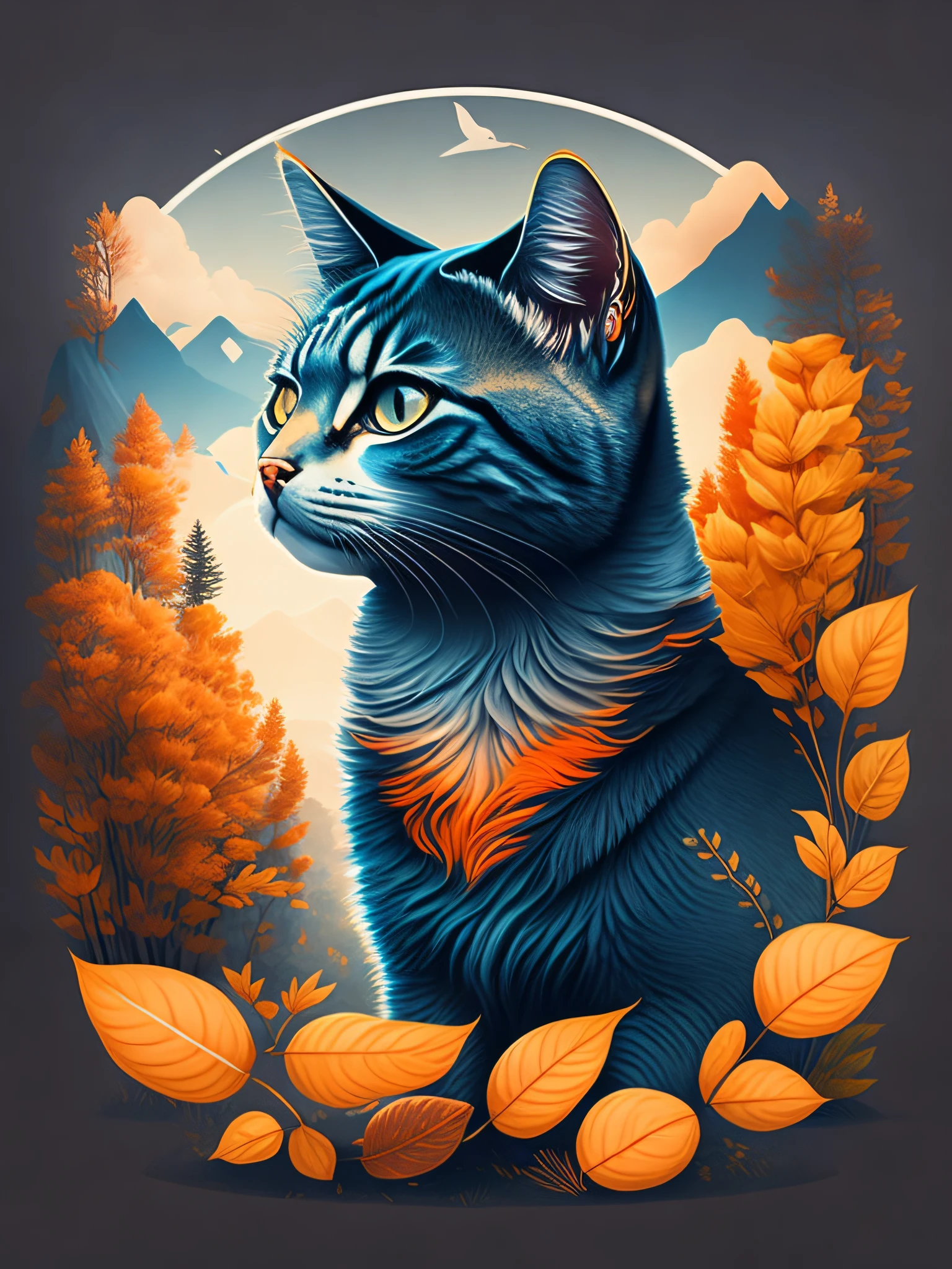 1gato em paisagem de outono, design de camiseta, rzminjourney, arte vetorial