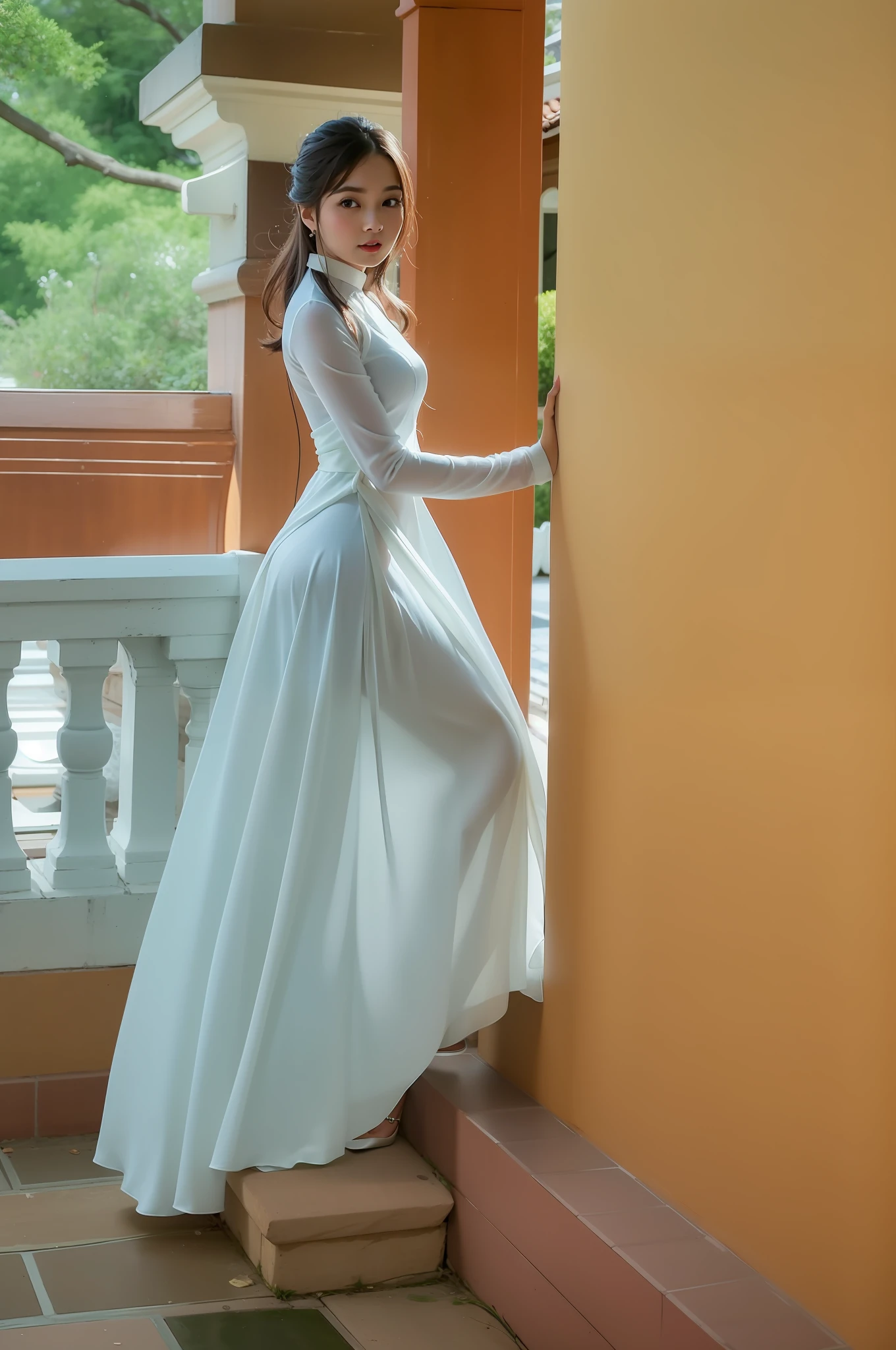 arafed woman in a white dress standing on a porch, ao dai, with a thin waist, beautiful long white dress, elegant and graceful, beautiful and elegant, wearing a white flowing dress, stunning elegant pose, stunning elegant, in style of lam manh, wearing long gown, graceful and elegant, in a long white dress, white hanfu