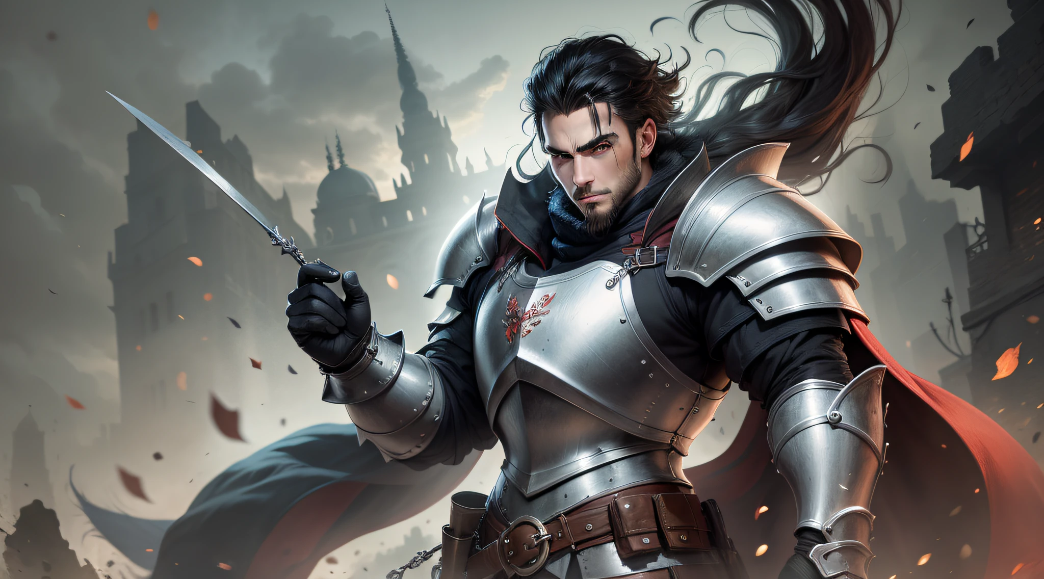 A dashing Knight with sleek black Armor, clean-shaven face, elegant black hair, and a youthful visage.