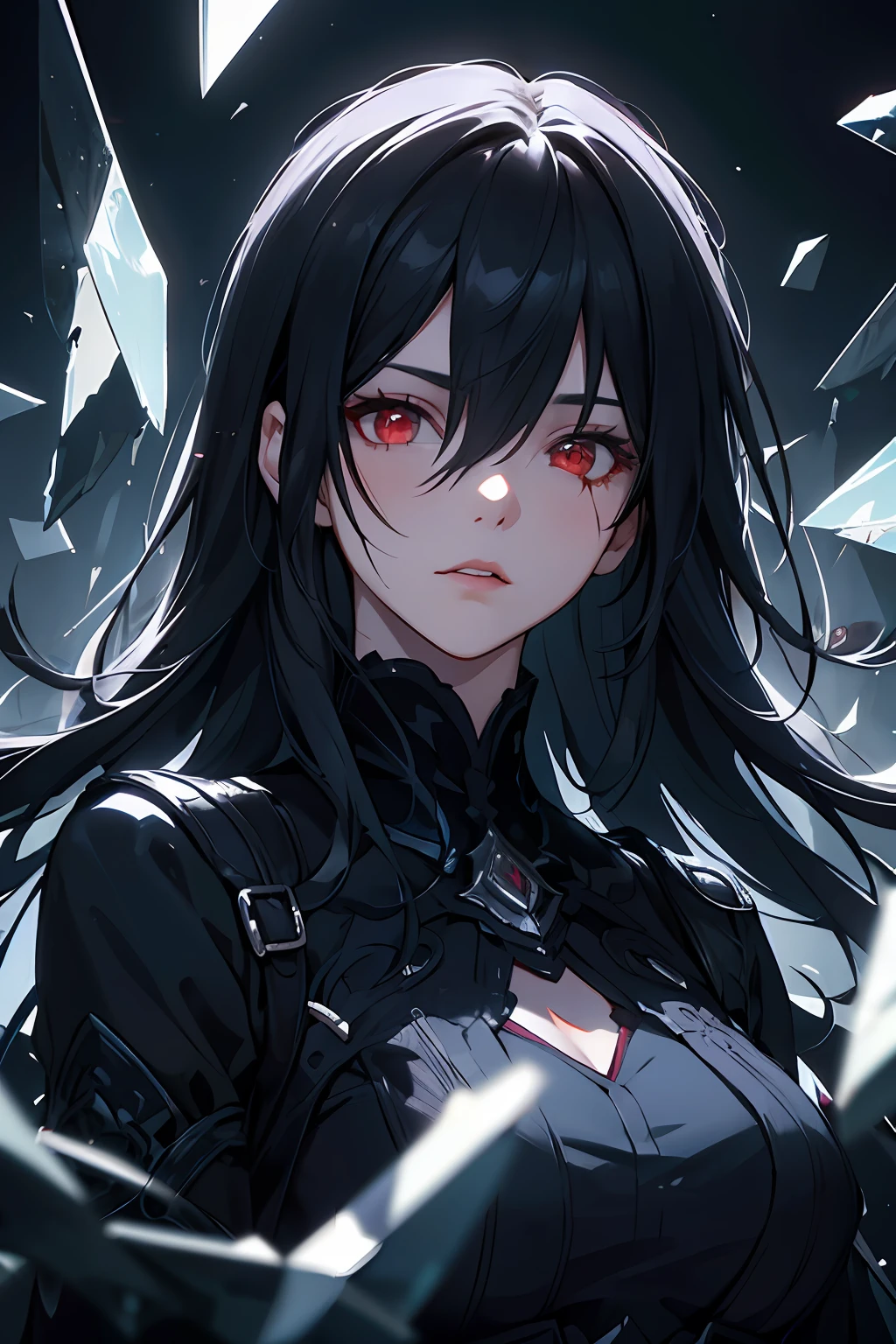 (detailed background,dark fantasy), (beautiful detailed face), high contrast, (best illumination, an extremely delicate and beautiful), ((cinematic light)), colorful, hyper detail, dramatic light, intricate details, (1 girl, solo,black hair, sharp face,red eyes, hair between eyes,dynamic angle), blood splatter, swirling black light around the character, depth of field,black light particles,(broken glass),