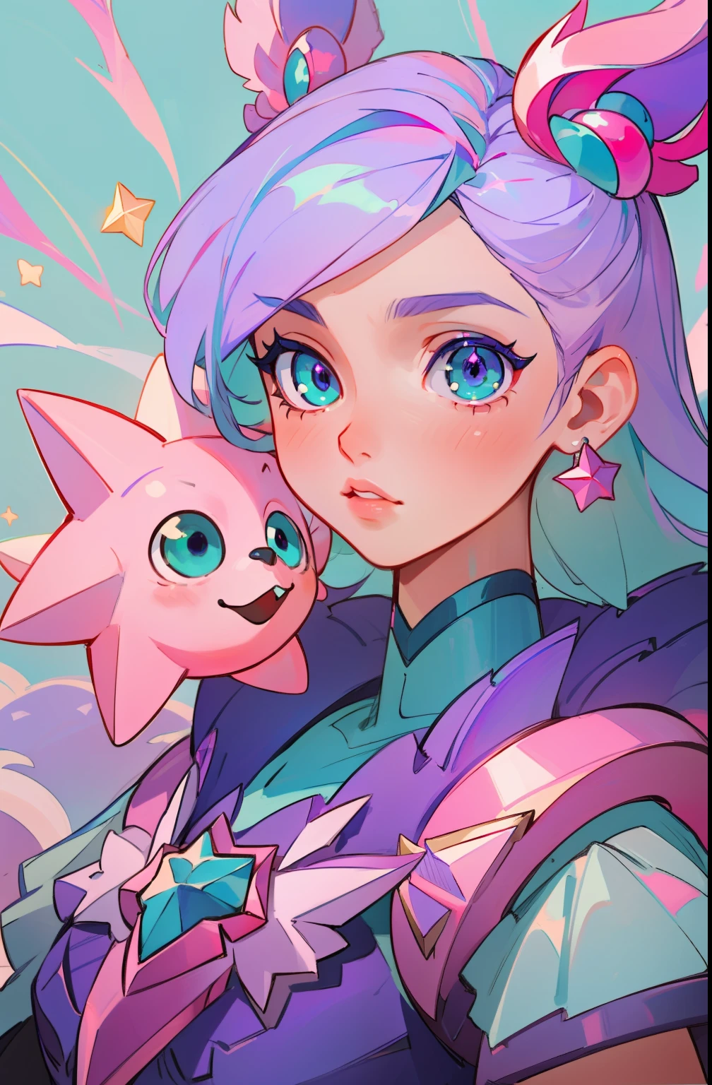 (masterpiece, best quality),  intricate details, 8k, artstation, sharp focus, 1girl, star guardian, league of legends, (pink, aqua, purple color theme)