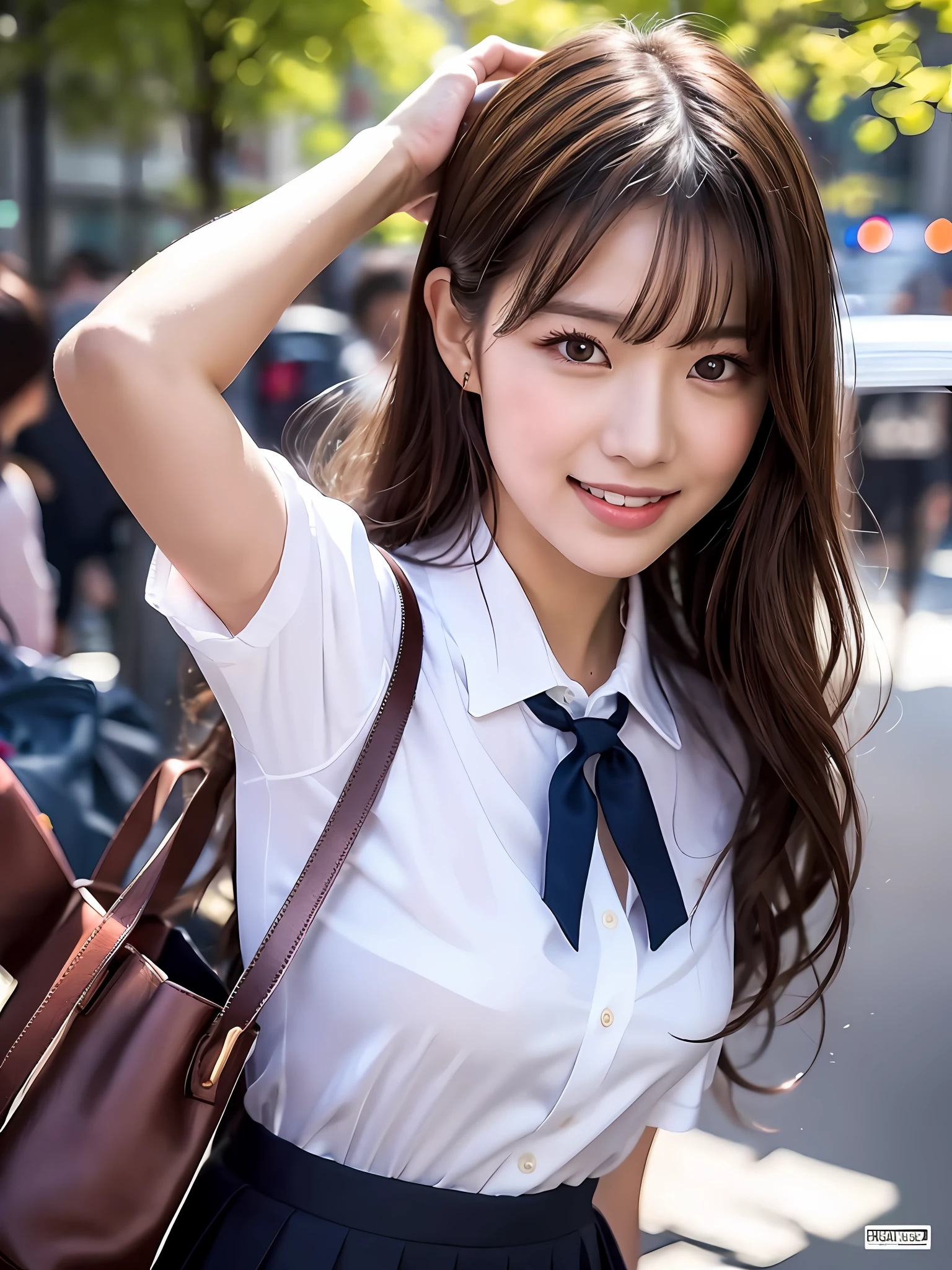 masterpiece, Upper body shot, Front View, 1 woman per 1 photo, a Japanese young pretty woman, hyper pretty face, 18 years old, on a street in crowd with a big smile, carrying a big tote bag with her shoulder, glamorous figure, wearing a short sleeves shiny silky white collared shirt with shiny satin red plain bow tie, wearing a dark blue pleated skirt of long length, Glossy lips, Sweaty body, double eyelids in both eyes, Natural makeup, Long eyelashes, shiny smooth light brown hair of medium length, Asymmetrical bangs, tanny skin, central image, 8K resolution, High Detail, detailed hairstyle, detailed faces, spectacular cinematic lighting, Octane Rendering, Vibrant, Ultra-realistic, Perfect limbs, Perfect Anatomy
