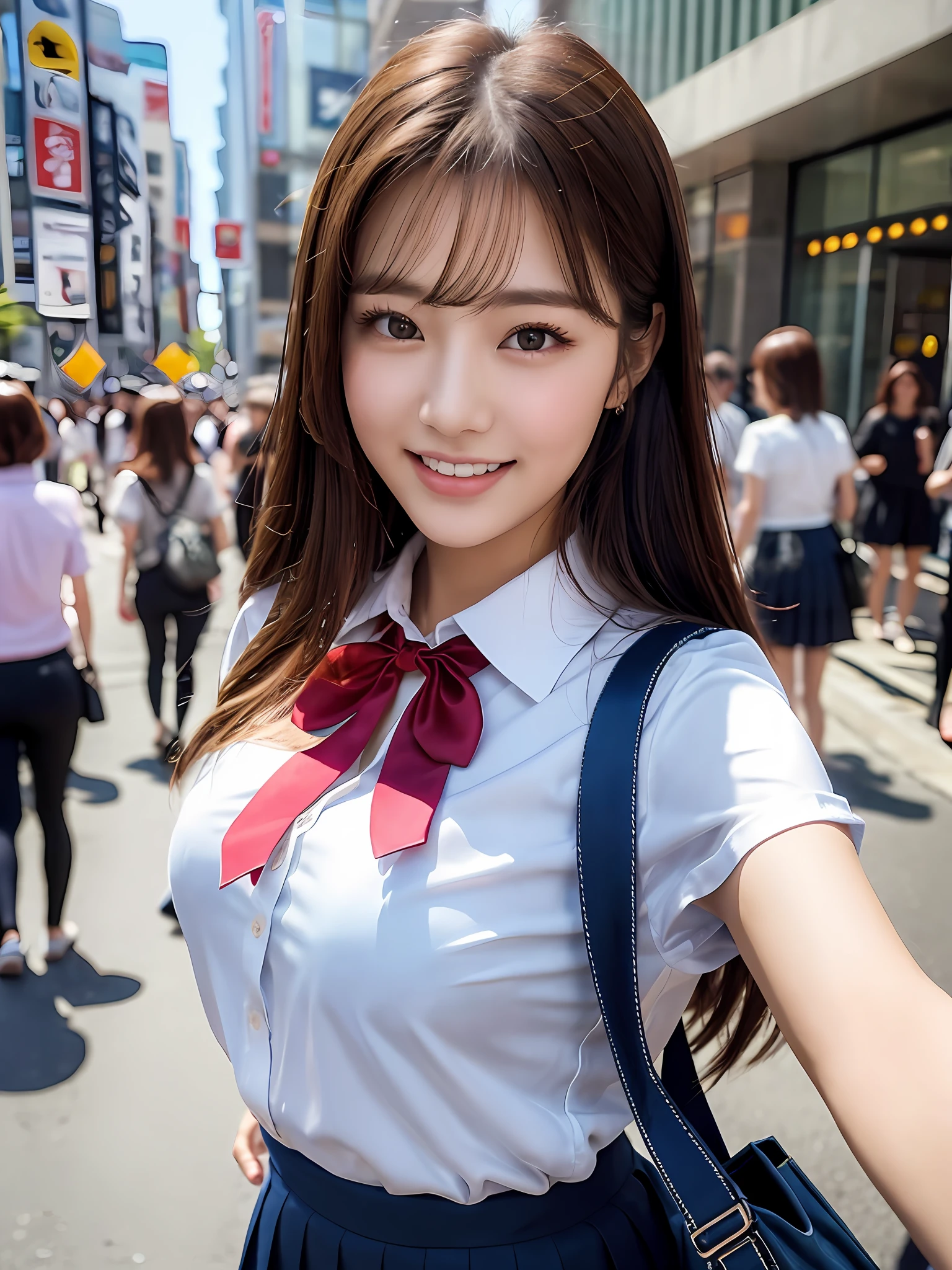 masterpiece, Upper body shot, Front View, 1 woman per 1 photo, a Japanese young pretty woman, hyper pretty face, 18 years old, on a street in crowd with a big smile, carrying a big tote bag with her shoulder, glamorous figure, wearing a short sleeves shiny silky white collared shirt with shiny satin red plain bow tie, wearing a dark blue pleated skirt of long length, Glossy lips, Sweaty body, double eyelids in both eyes, Natural makeup, Long eyelashes, shiny smooth light brown hair of medium length, Asymmetrical bangs, tanny skin, central image, 8K resolution, High Detail, detailed hairstyle, detailed faces, spectacular cinematic lighting, Octane Rendering, Vibrant, Ultra-realistic, Perfect limbs, Perfect Anatomy