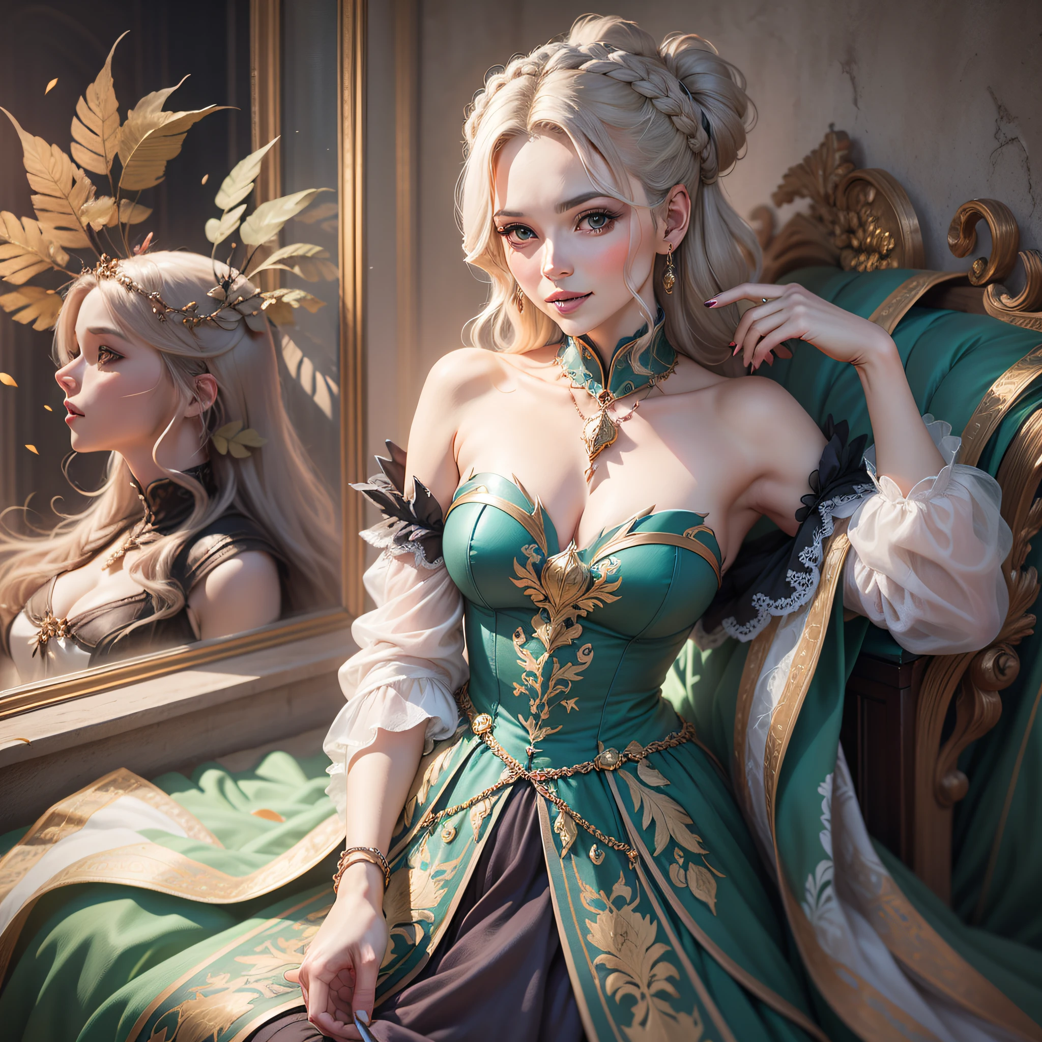 mulher de 40 anos. A woman of captivating beauty and irresistible charm. Com cabelos dourados que caem em cachos suaves e olhos expressivos de um verde profundo, She exudes an aura of mystery and intelligence.
Sua postura graciosa e sorriso encantador escondem uma mente afiada e astuta. Lady Rosalind is known for her cunning and acumen, that allow him to unravel complex plots and intrigues that threaten the stability of the House of Dragons of Mediovale. She is a valued counselor, able to identify hidden motivations and interpret between the lines of political interactions.