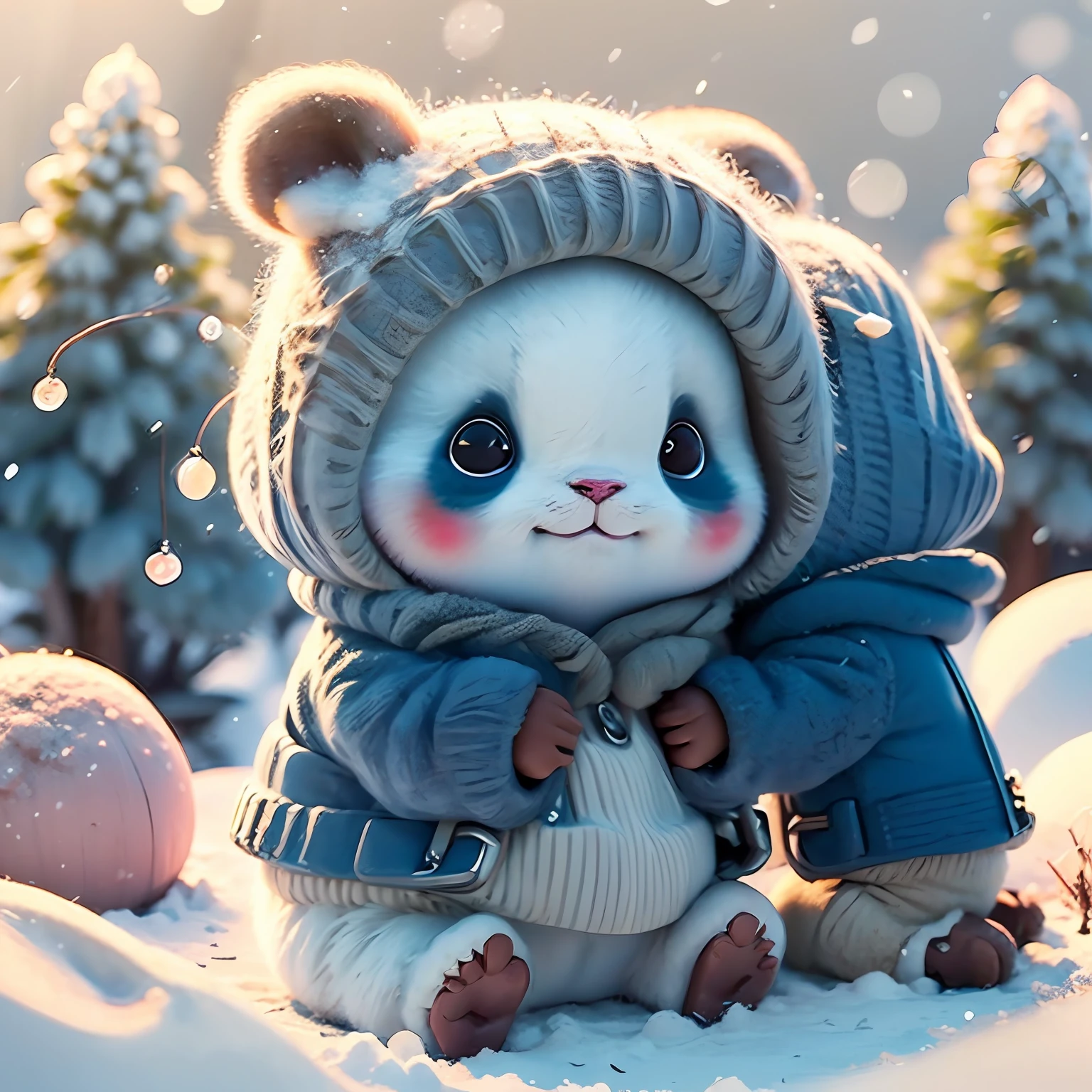 panda sitting near a tree, Lots of snow on the ground, nevando, flocos de neve
