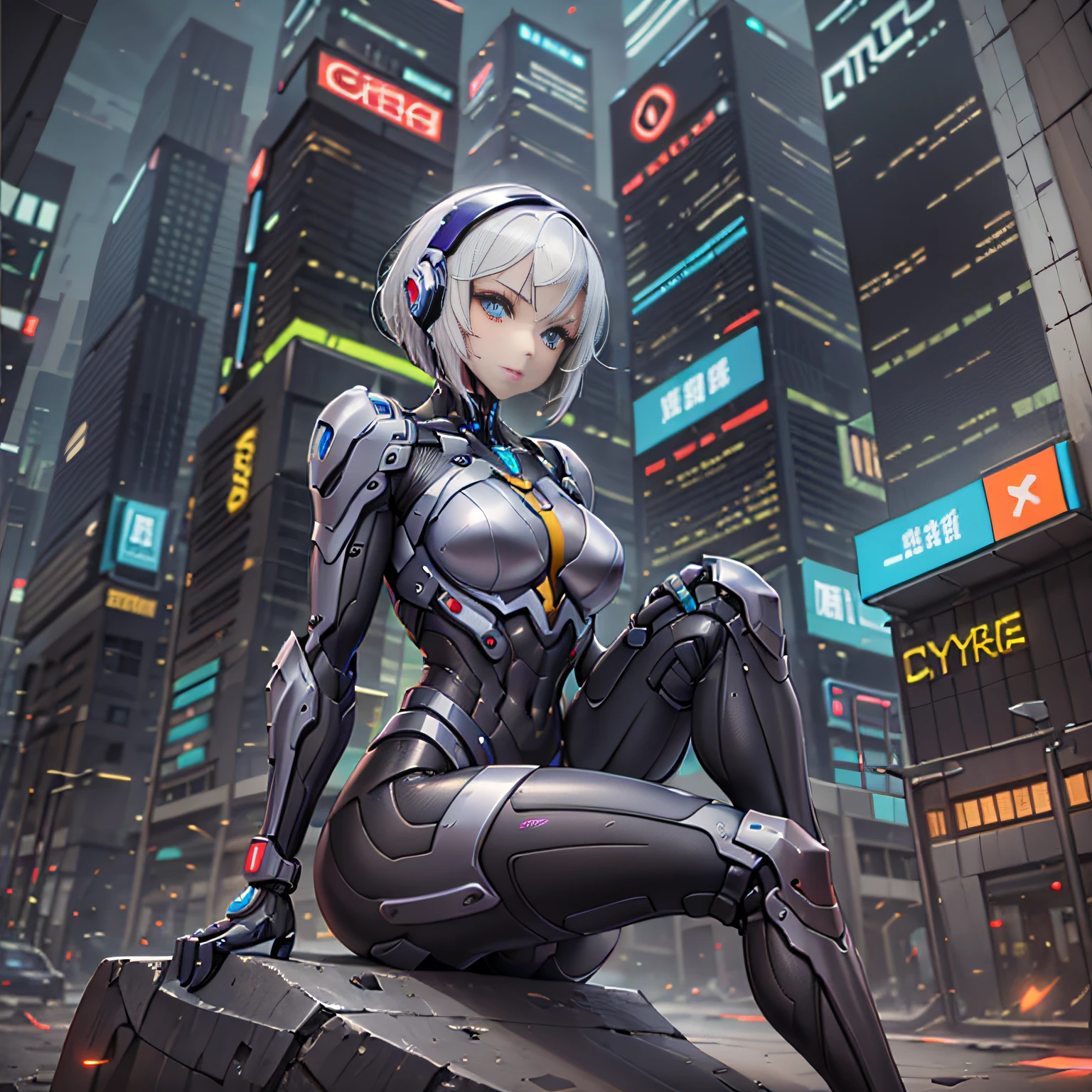 （(maximum quality))、cyberpunc、Cyberpunk Girls、Cyberpunk、Cyber City、Cyber Armor、white hair、bob、Two-tone lighting、Raw feet、Outstanding proportions、Skinny