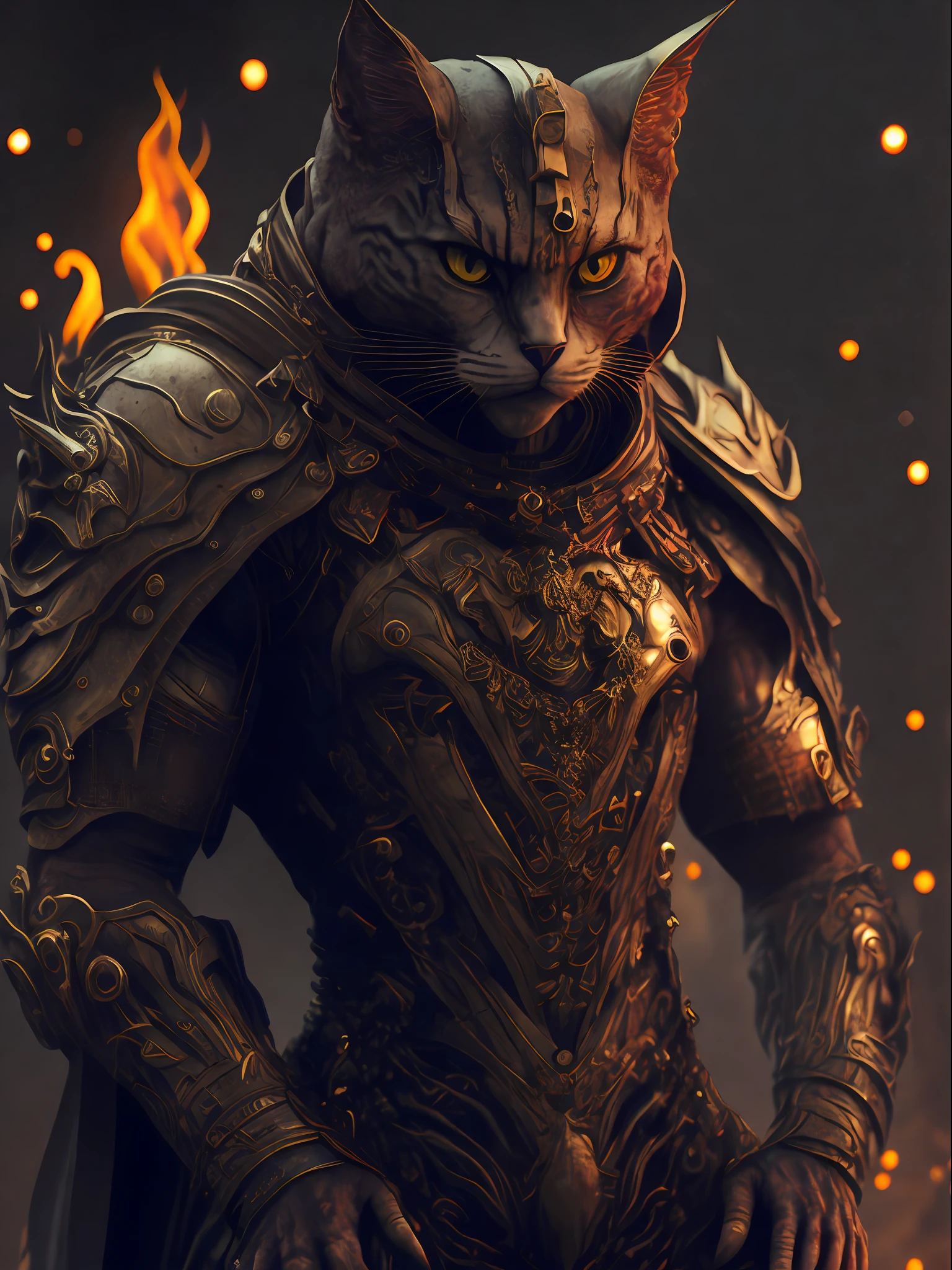 angry cat god, closeup, steampunk, strong, muscular, cyberpunk cybernetic armor, artstation illustrators, intricate details, face, full body portrait, illustration, UHD, 4K hyper realistic, enigmatic, highly detailed, sharp focus, professional, 8k UHD , cinematic, wild, violent, dramatic, vivid, nervous vibration, epic, HDR, album cover, fire, powerful