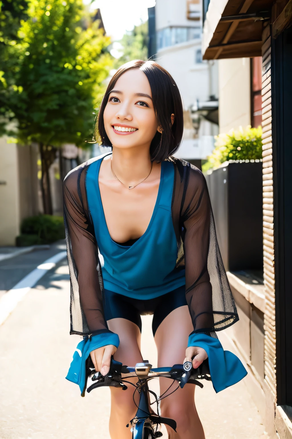 (((riding a bike)))、(Loose shirt、Camisole)、without panties、No bra、Wet and shiny skin、very small breasts、((little breasts:1.4))、(Small bust)、 Adult female 20 years old、Idol with black eyes and black hair Japan、Very detailed eyes and face、Highly detailed facial and skin texture、Sweaty décolleté、KPOP Idol、Short bob cut、 Um corpo inteiro, only girl, Intrincated detailed, Realstic, Sorrisos, Light Smile, long eye lashes, Sideways Look, Black socks, out door, Intrincated detailed, Realstic, Morning, natrual light, Low angle, Blurred background, VLS:1.2), (maximum quality, (maximum quality, masterwork: 1.3)), Clear focus: 1.2, (Realstic, pfotorealistic:1.37)、(ntricate detail:1.4)、from lower、Reflected Light、High Detail、Texture Skins、8K、(camel's toes)、(maximum quality、8K、32k、masterwork、VLS:1.3)、