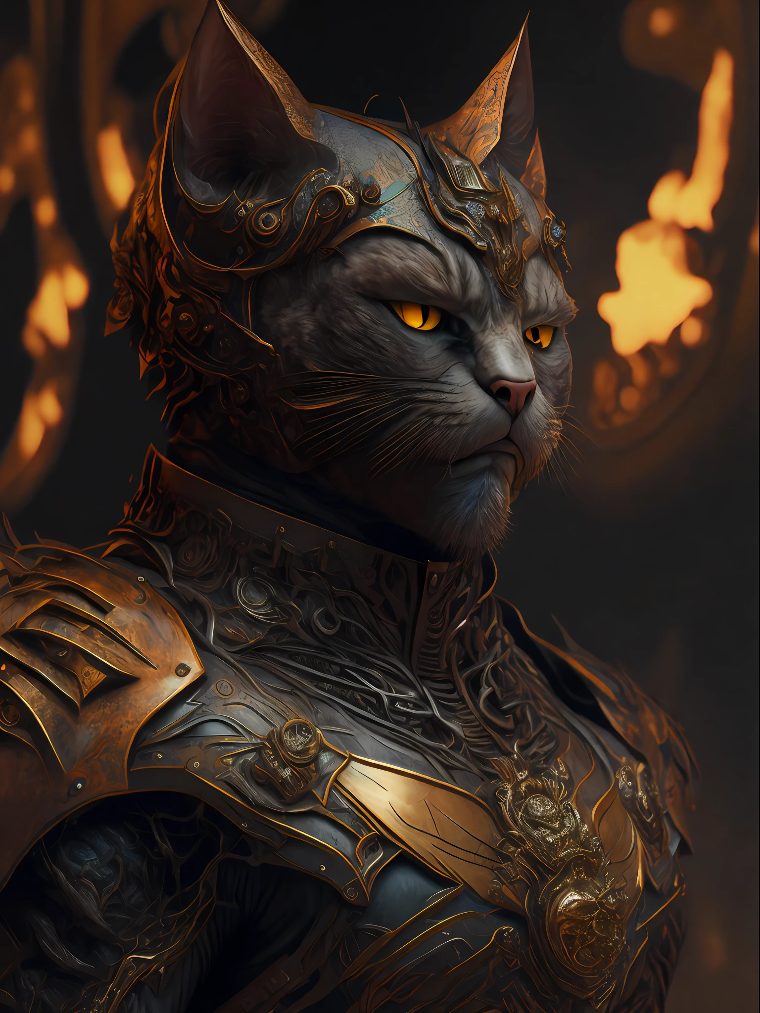 angry cat god, closeup, steampunk, strong, muscular, cyberpunk cybernetic armor, Artstation illustrators, intricate details, face, full body portrait, UHD, 4K hyper realistic, highly detailed, sharp focus, professional, 8k UHD, cinematic, wild, violent, dramatic, vivid, nervous vibration, epic, HDR, album cover, fire, powerful