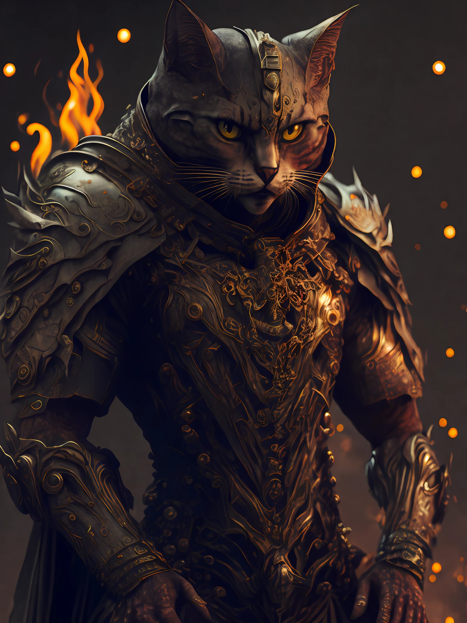 angry cat god, closeup, steampunk, strong, muscular, cyberpunk cybernetic armor, artstation illustrators, intricate details, face, full body portrait, illustration, UHD, 4K hyper realistic, enigmatic, highly detailed, sharp focus, professional, 8k UHD , cinematic, wild, violent, dramatic, vivid, nervous vibration, epic, HDR, album cover, fire, powerful