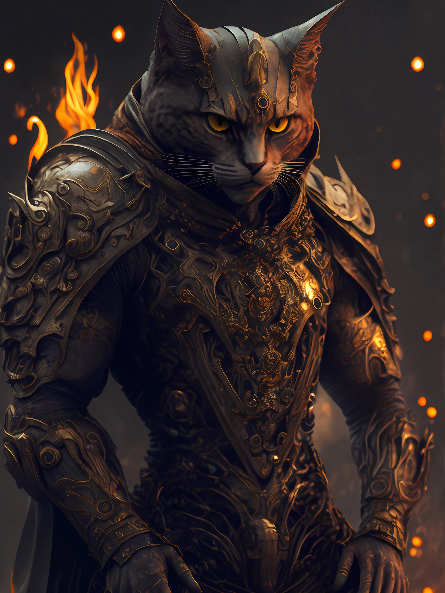 angry cat god, closeup, steampunk, strong, muscular, cyberpunk cybernetic armor, artstation illustrators, intricate details, face, full body portrait, illustration, UHD, 4K hyper realistic, enigmatic, highly detailed, sharp focus, professional, 8k UHD , cinematic, wild, violent, dramatic, vivid, nervous vibration, epic, HDR, album cover, fire, powerful
