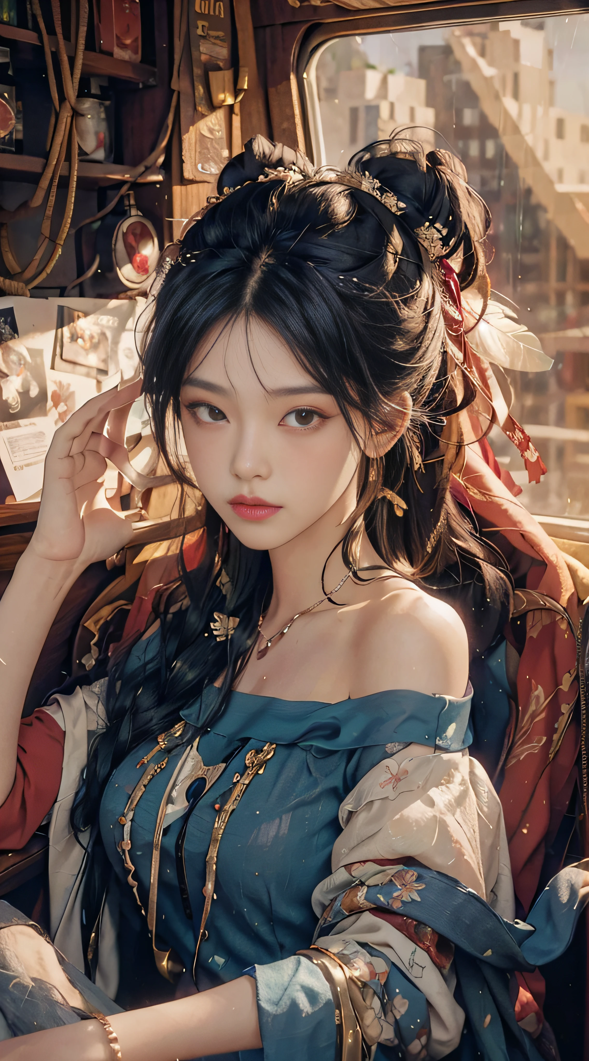 (from the outside) the best quality, masterpieces, realistic photos, intricate details, original photos, off work, home, on a private jet, it's raining outside, hoodies, black hair, extra-long hair, off-the-shoulders, feather hair accessories,
