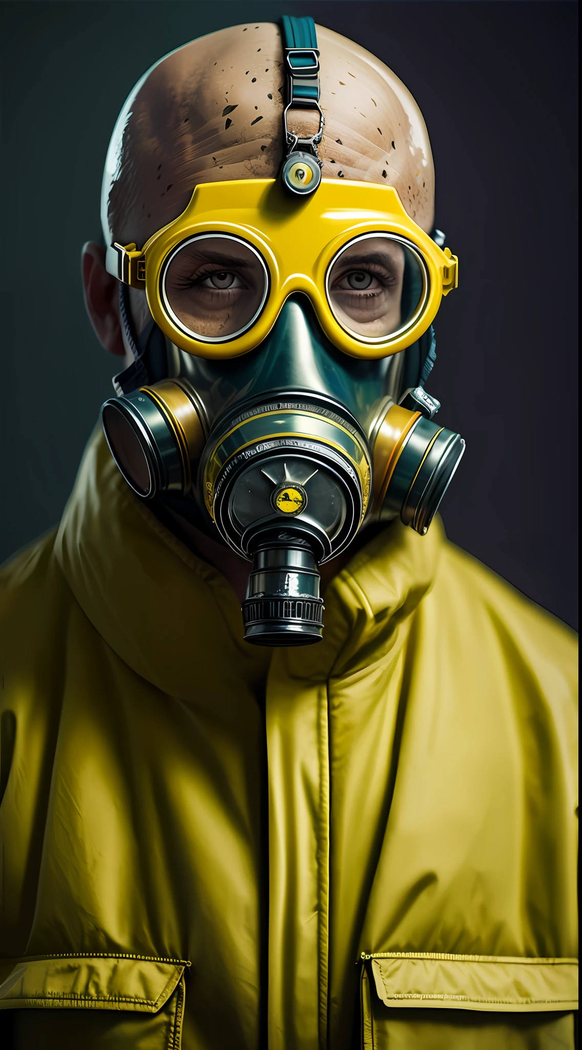 A stunning intricate full colour upper body photo of man wearing glasses, (wearing a yellow lab coat and a gas mask on the head), bald,
epic character composition,
by ilya kuvshinov, alessio albi, nina masic,
sharp focus, natural lighting, subsurface scattering, f2, 35mm, film grain