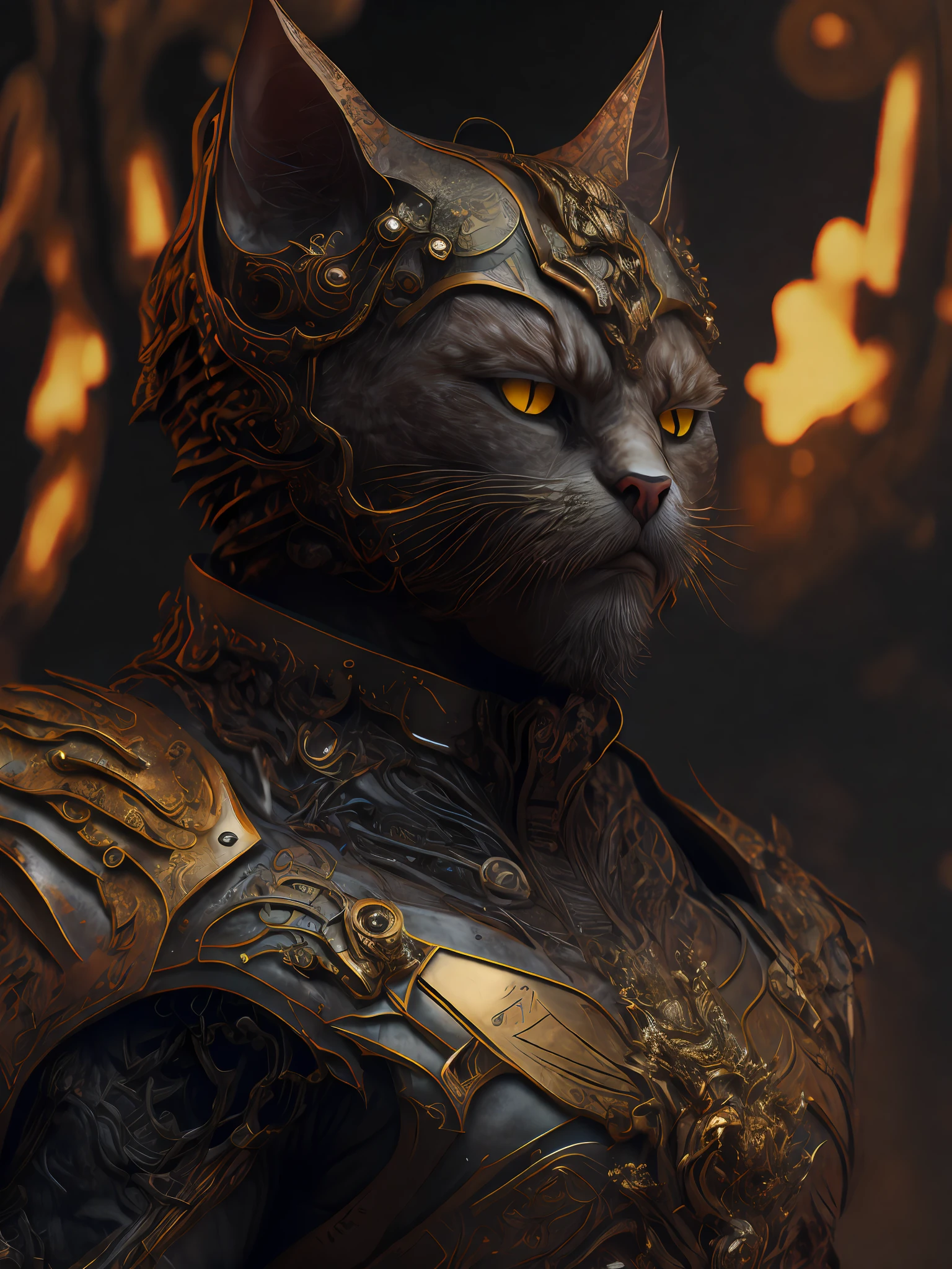 angry cat god, closeup, steampunk, strong, muscular, cyberpunk cybernetic armor, Artstation illustrators, intricate details, face, full body portrait, UHD, 4K hyper realistic, highly detailed, sharp focus, professional, 8k UHD, cinematic, wild, violent, dramatic, vivid, nervous vibration, epic, HDR, album cover, fire, powerful