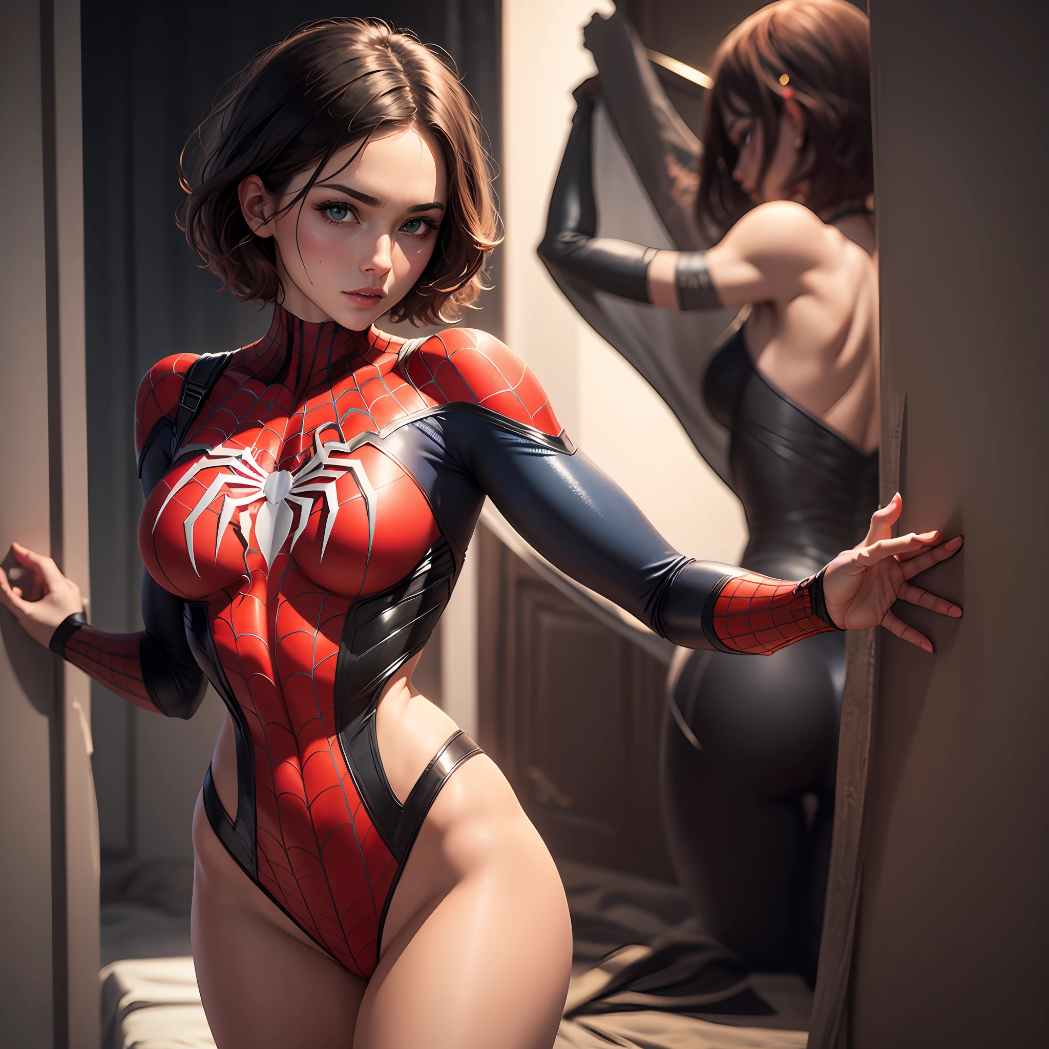 Masterpiece, HD, ultra detailed, beautiful woman detailed defined body using Spider-Man roleplay, short hair, delicate facial features, perfect face, back to the viewer, looking back --auto