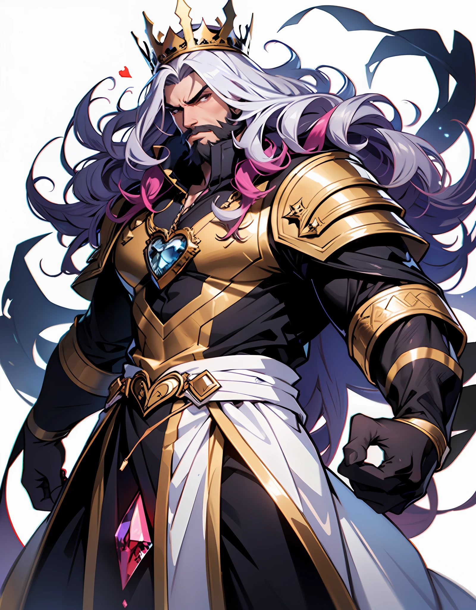 full-length, full body, 2d illustration, anime style, perfectly structured, a handsome king, revealing royal vests, serious expression, golden crown, curly hair, black beard, nice and perfect face, (holding a heart-shaped red crystal:1.2), skin texture, highly detailed, anime style, done in photoshop, vibrant colors, composite lighting, professional shading, (white background:1.5), (blank background:1.5), masculine shapes, manly, dynamic angle, sharp and crisp image, high quality textures, natural proportions