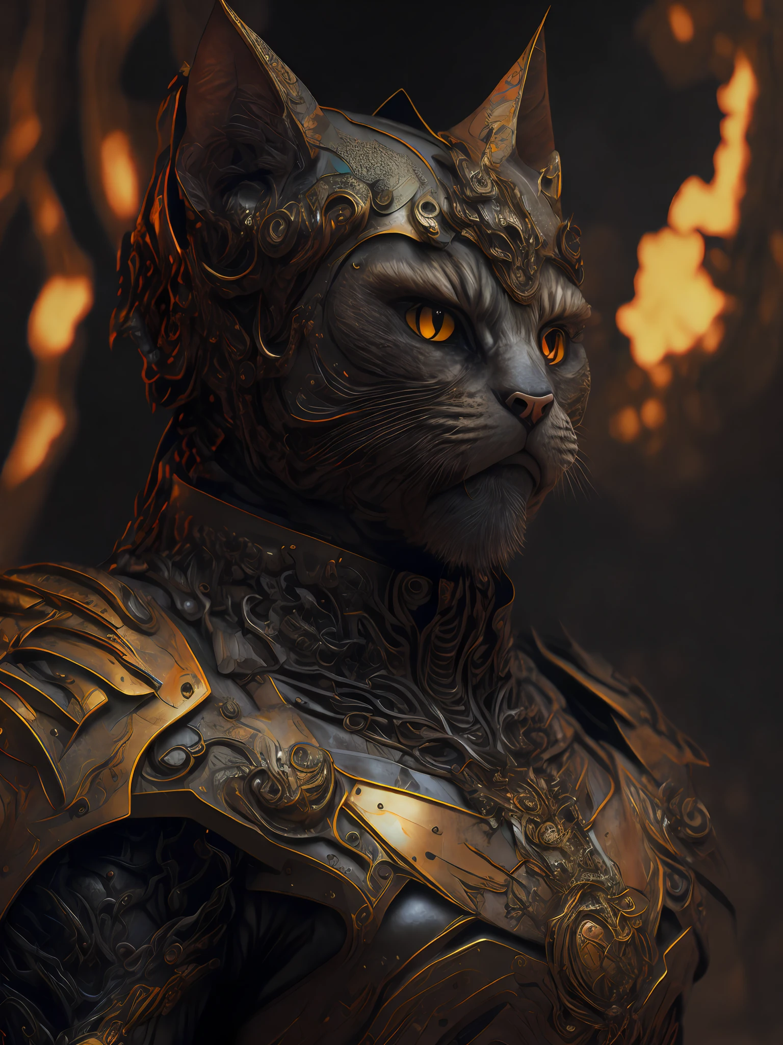 angry cat god, closeup, steampunk, strong, muscular, cyberpunk cybernetic armor, Artstation illustrators, intricate details, face, full body portrait, UHD, 4K hyper realistic, highly detailed, sharp focus, professional, 8k UHD, cinematic, wild, violent, dramatic, vivid, nervous vibration, epic, HDR, album cover, fire, powerful