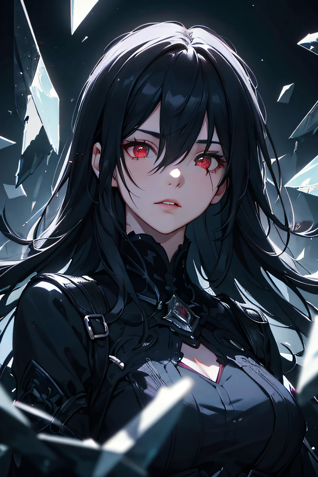 (detailed background,dark fantasy), (beautiful detailed face), high contrast, (best illumination, an extremely delicate and beautiful), ((cinematic light)), colorful, hyper detail, dramatic light, intricate details, (1 girl, solo,black hair, sharp face,red eyes, hair between eyes,dynamic angle), blood splatter, swirling black light around the character, depth of field,black light particles,(broken glass),