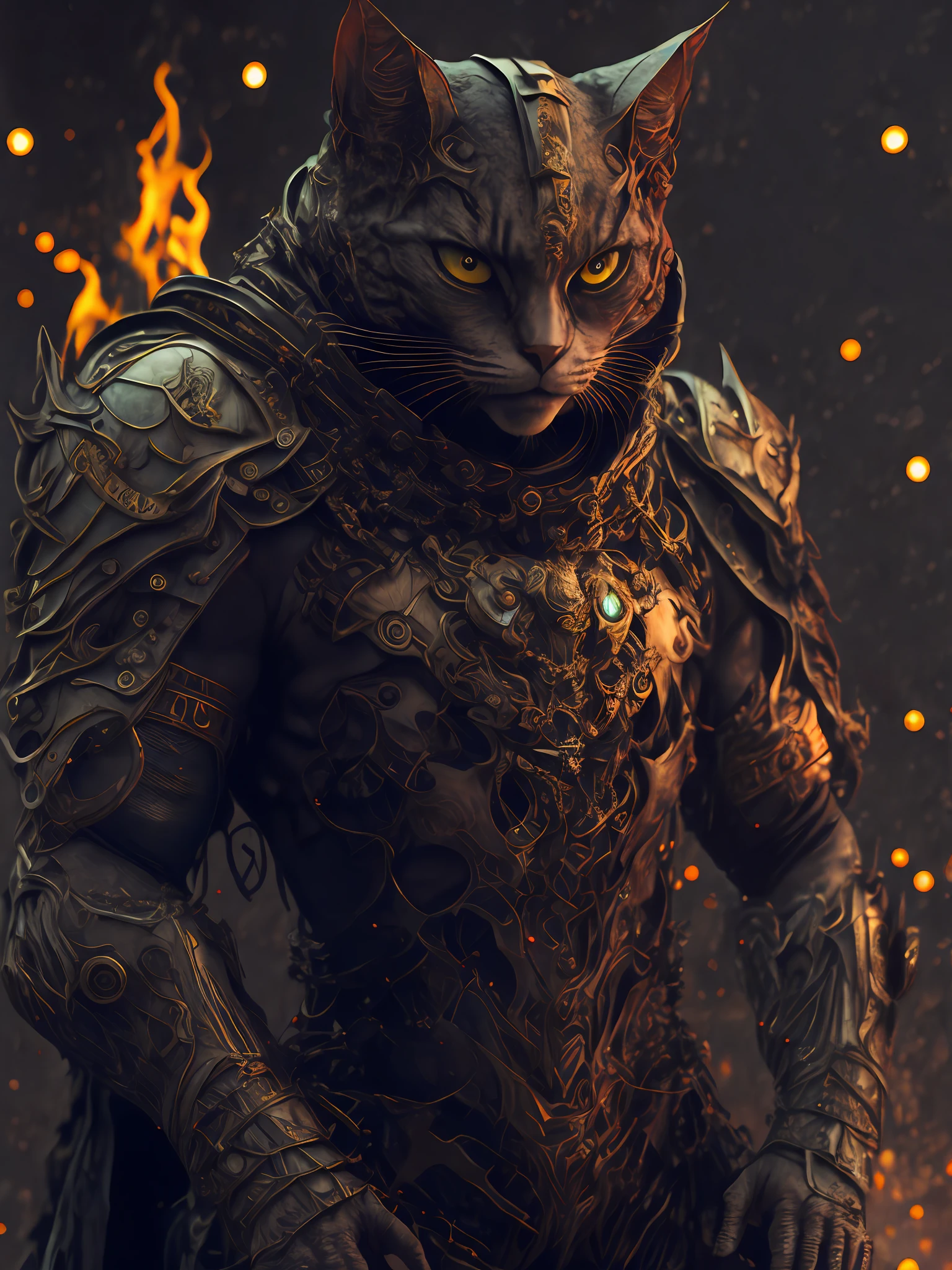 angry cat god, closeup, steampunk, strong, muscular, cyberpunk cybernetic armor, sharp teeth, Artstation illustrators, intricate details, face, full body portrait, illustration, UHD, 4K hyper realistic, enigmatic, highly detailed, sharp focus, professional, 8k UHD, cinematic, wild, violent, dramatic, vivid, nervous vibration, epic, HDR, album cover, fire, powerful