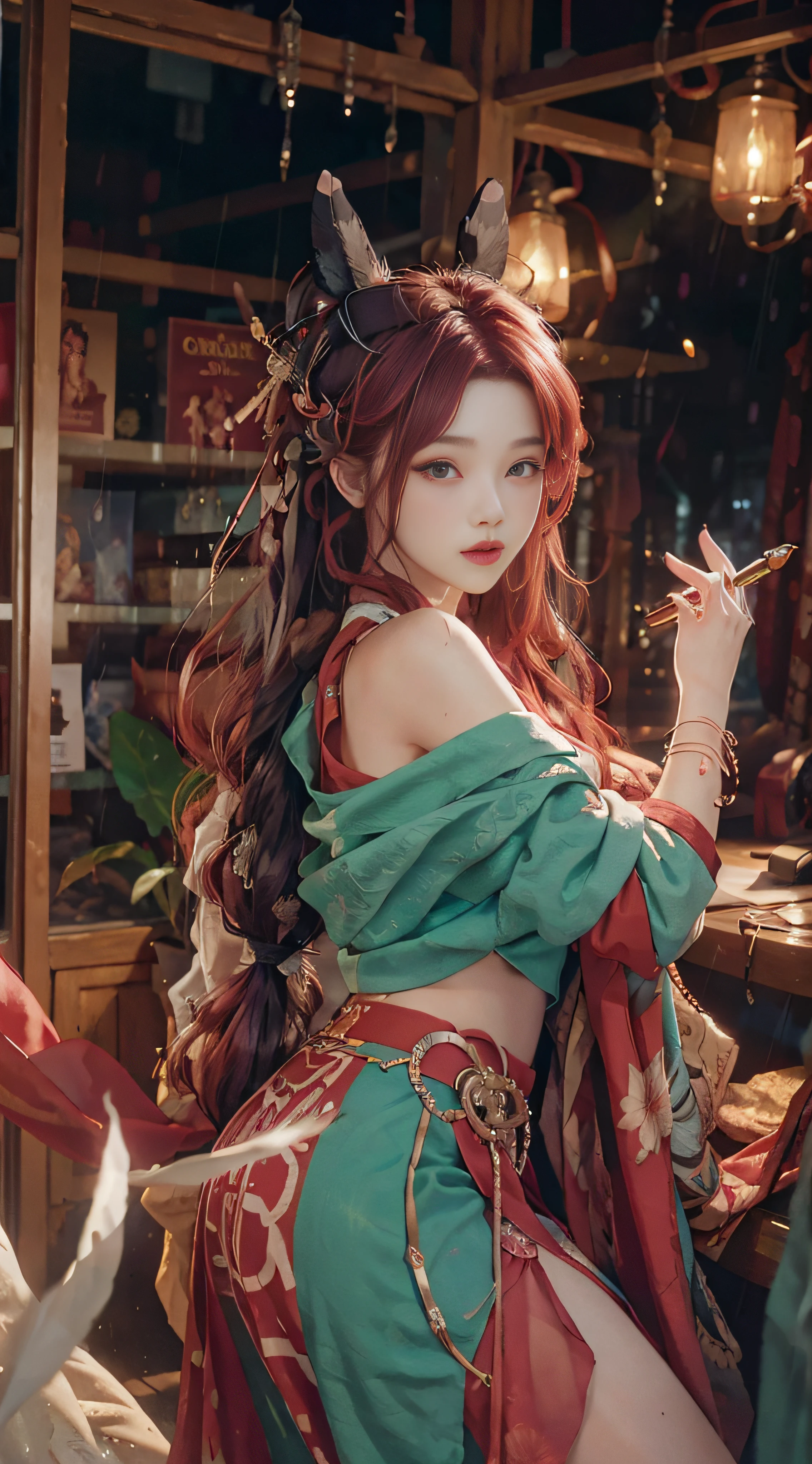 (from the outside) the best quality, masterpieces, realistic photos, intricate details, original photos, inside the office building, it's raining outside, hoodies, red hair, extra-long hair, off-the-shoulders, feather hair ornaments,
