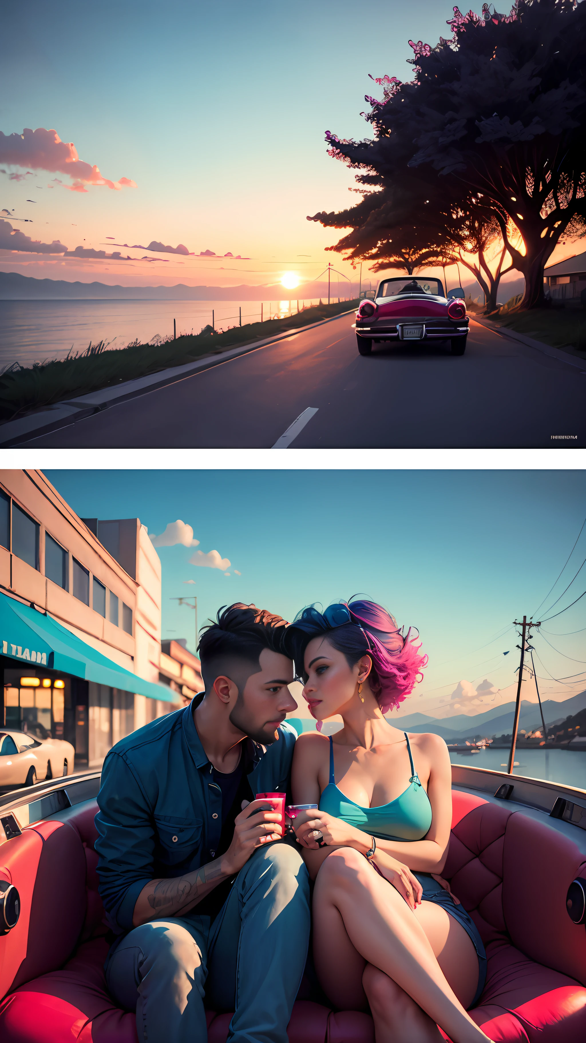 "A couple in love enjoying a summer evening in a vintage convertible car, com o horizonte da cidade retratado em cores vibrantes do Synthwave."
Use neon and saturated tones to highlight the characteristic colors of Synthwave, como rosa, azul e roxo. --auto