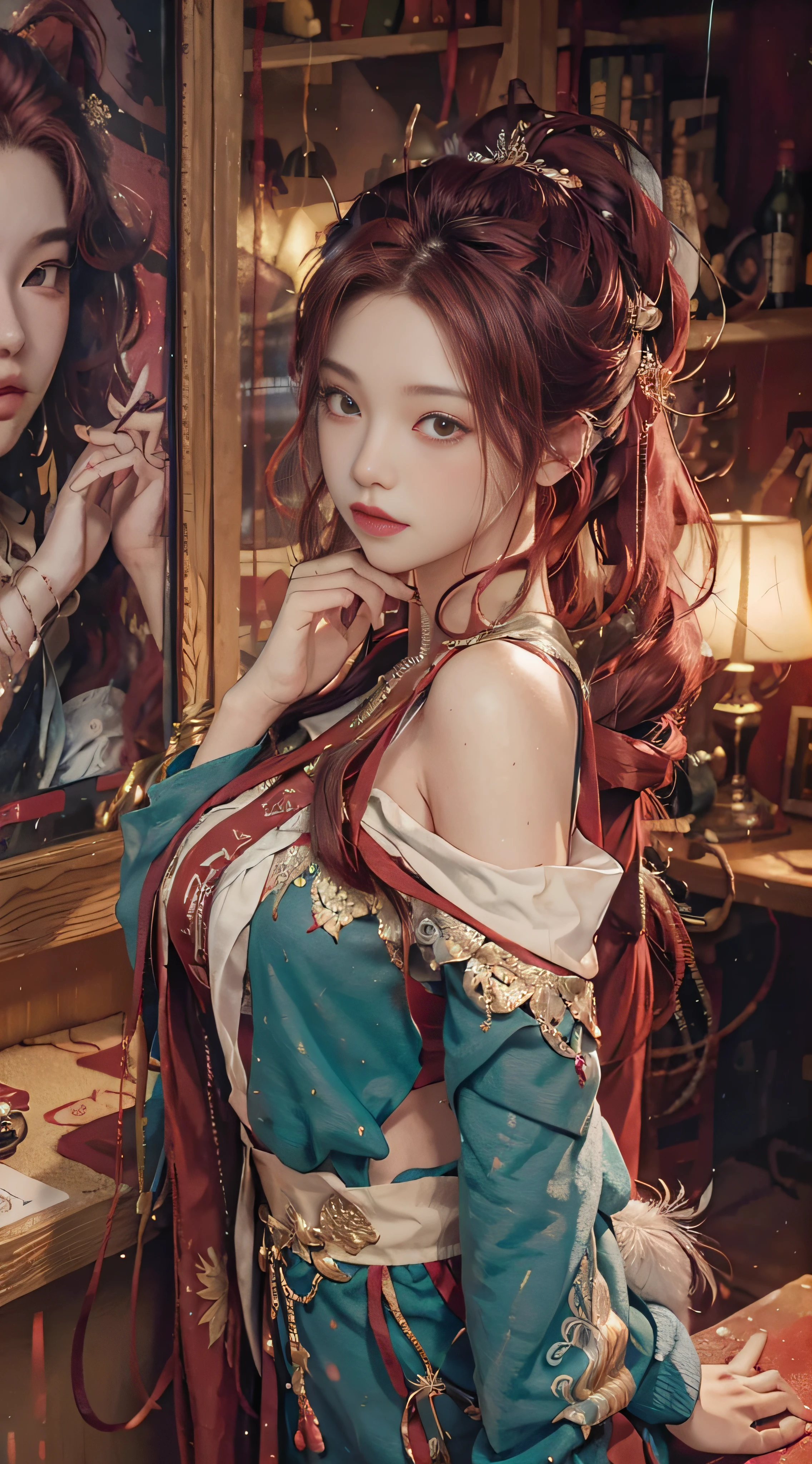 (from the outside) the best quality, masterpieces, realistic photos, intricate details, original photos, inside the office building, it's raining outside, hoodies, red hair, extra-long hair, off-the-shoulders, feather hair ornaments,