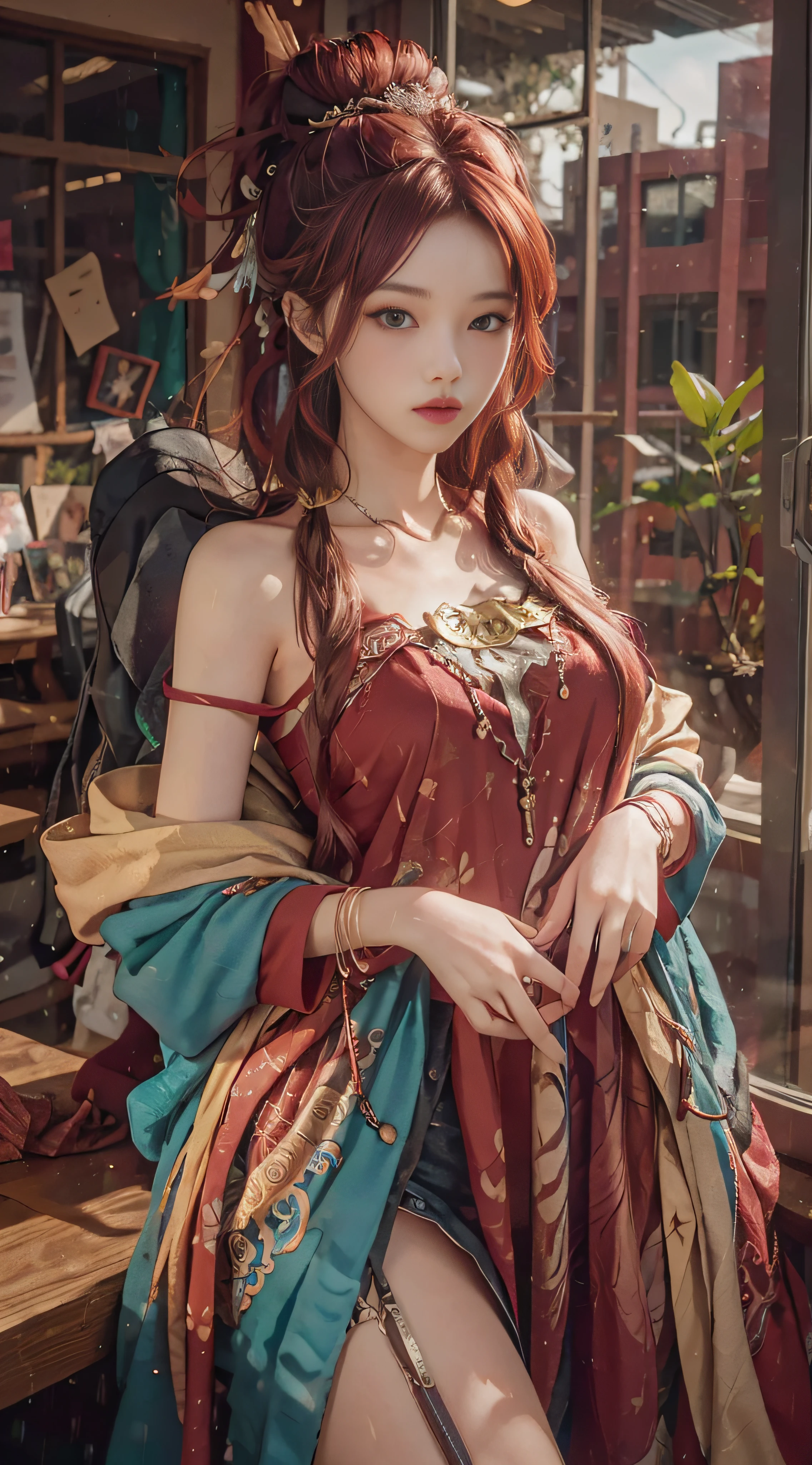 (from the outside) the best quality, masterpieces, realistic photos, intricate details, original photos, inside the office building, it's raining outside, hoodies, red hair, extra-long hair, off-the-shoulders, feather hair ornaments,