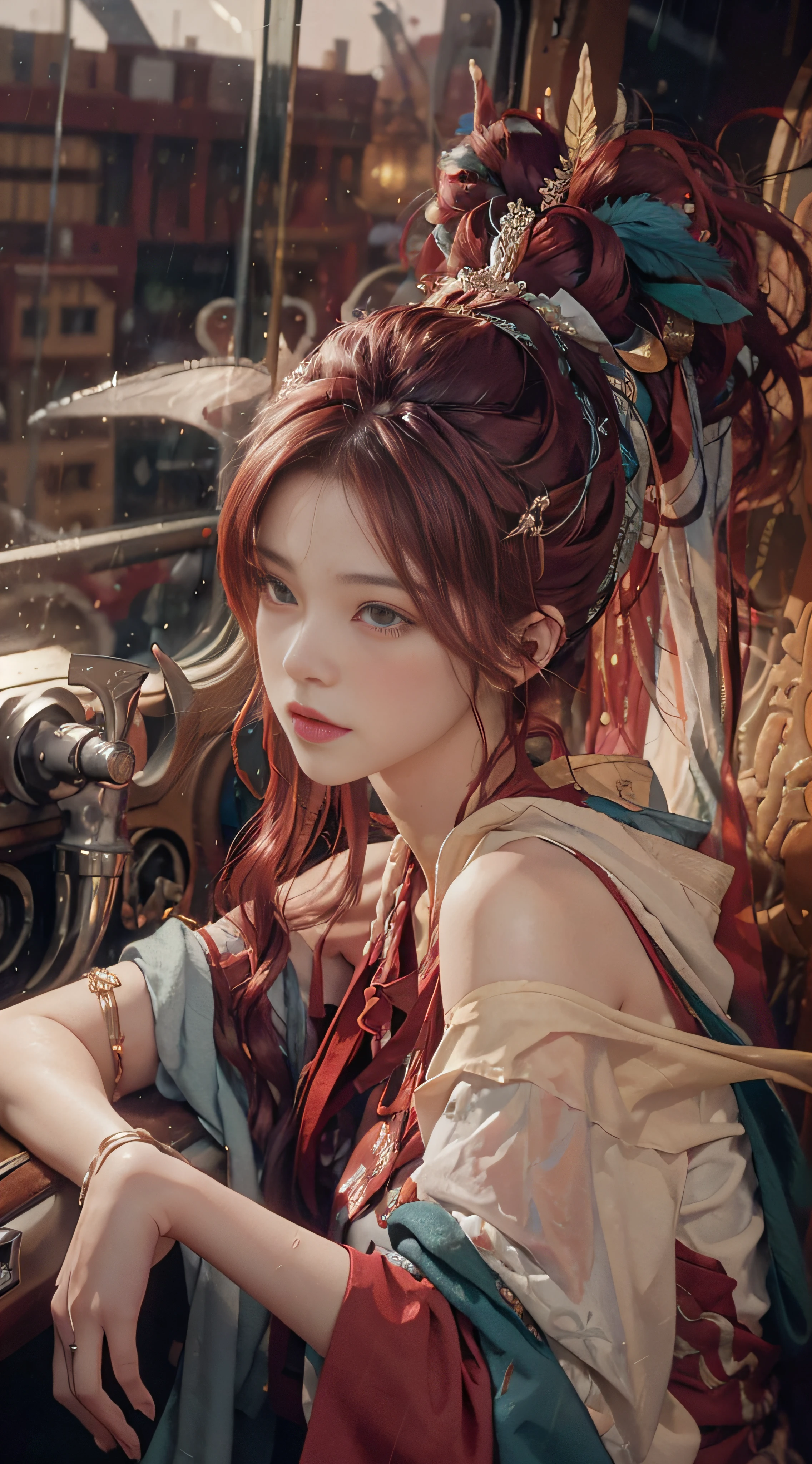 (from the outside) the best quality, masterpieces, realistic photos, intricate details, original photos, off work, home, on a private jet, it's raining outside, hoodies, red hair, extra-long hair, off-the-shoulders, feather hair accessories,