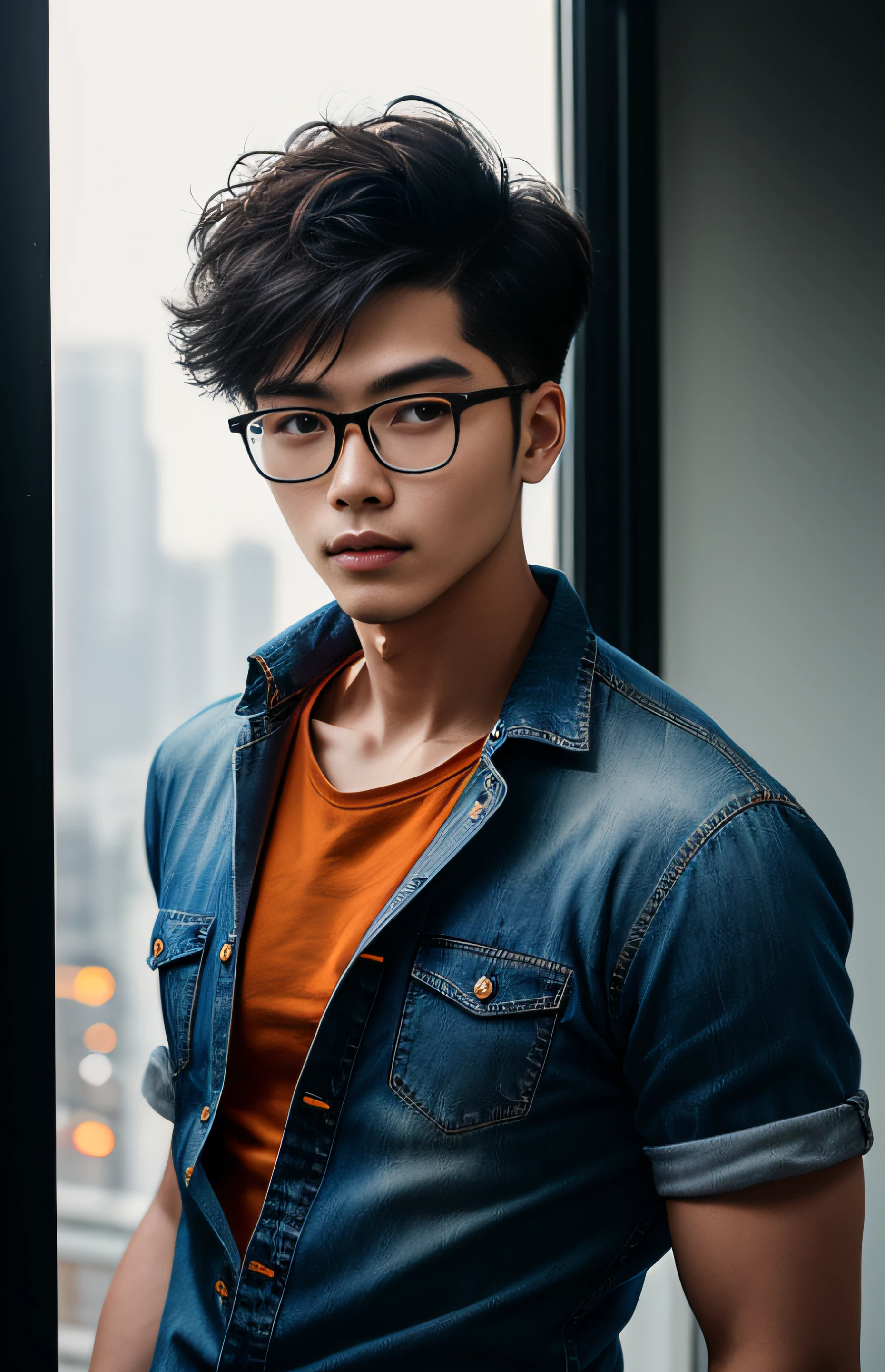cyberpunk portrait photography, 20 years old Korean,web designer, wear glasses,handsome young man looking off camera, super realistic face, eyes visible through hair, Crew Cut:hair style, proper eye position, natural skin, soft light, rim light, in studio, detailed background, intricate , highly detail, octane render, HD, 8k, by Annie Leibovitz,120mm, shoulder,front view,wearing a Simple orange shirt and denim jeans, fit body, shorter hair,look at front,front view
