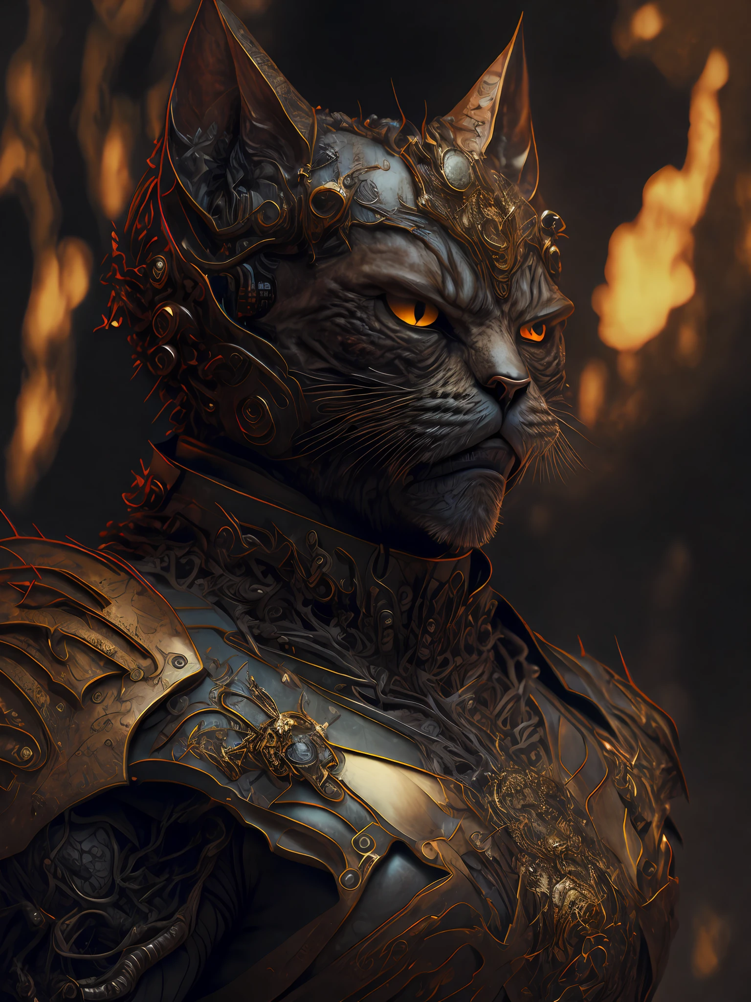 angry cat god, closeup, steampunk, beast, strong, muscular, cyberpunk cybernetic armor, sharp teeth, Artstation illustrators, intricate details, face, full body portrait, illustration, UHD, 4K hyper realistic, enigmatic, highly detailed, sharp focus, professional, 8k UHD, cinematic, wild, violent, dramatic, vivid, nervous vibration, epic, HDR, album cover, fire, powerful