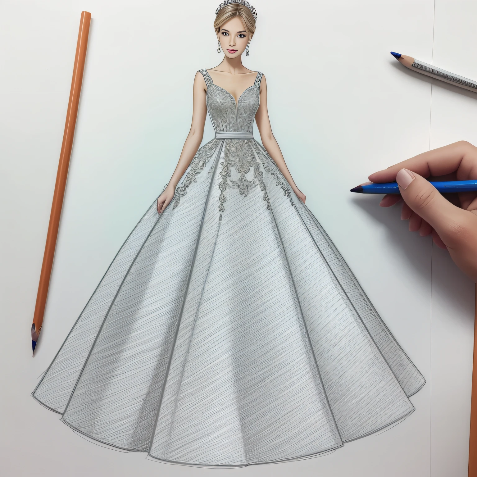 draw a fashion designer pencil sketch for a ball gown with tulle skirt, rhinestones, embroidery, hyper detailed,  master pice