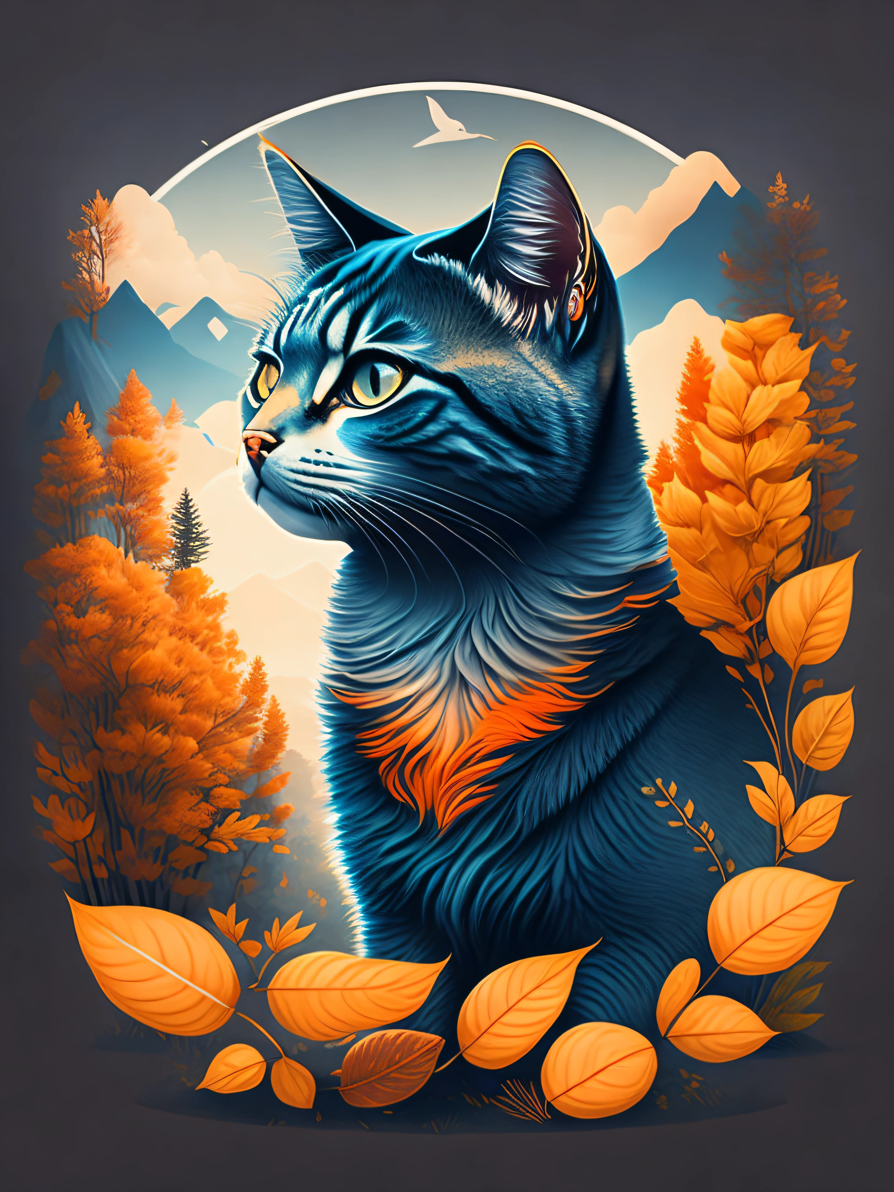1gato em paisagem de outono, design de camiseta, rzminjourney, arte vetorial