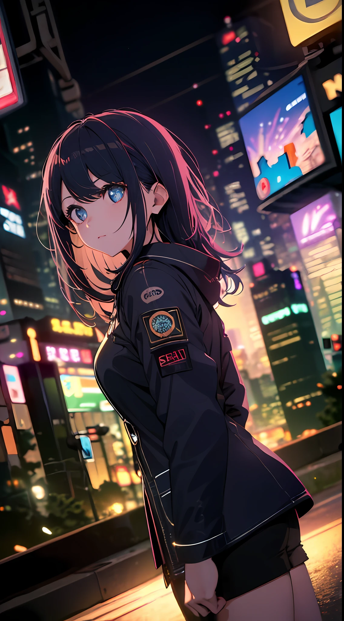 Night city、Colorful cyberpunk city background、street、Girl in her 20s in a comfortable suit、kawaii girl、Wild Girl、Black shorts、backlit、Watch the audience、Low Angle Lens、looking up lens、Perfect composition、Perfect light and shadow delicacy、8k