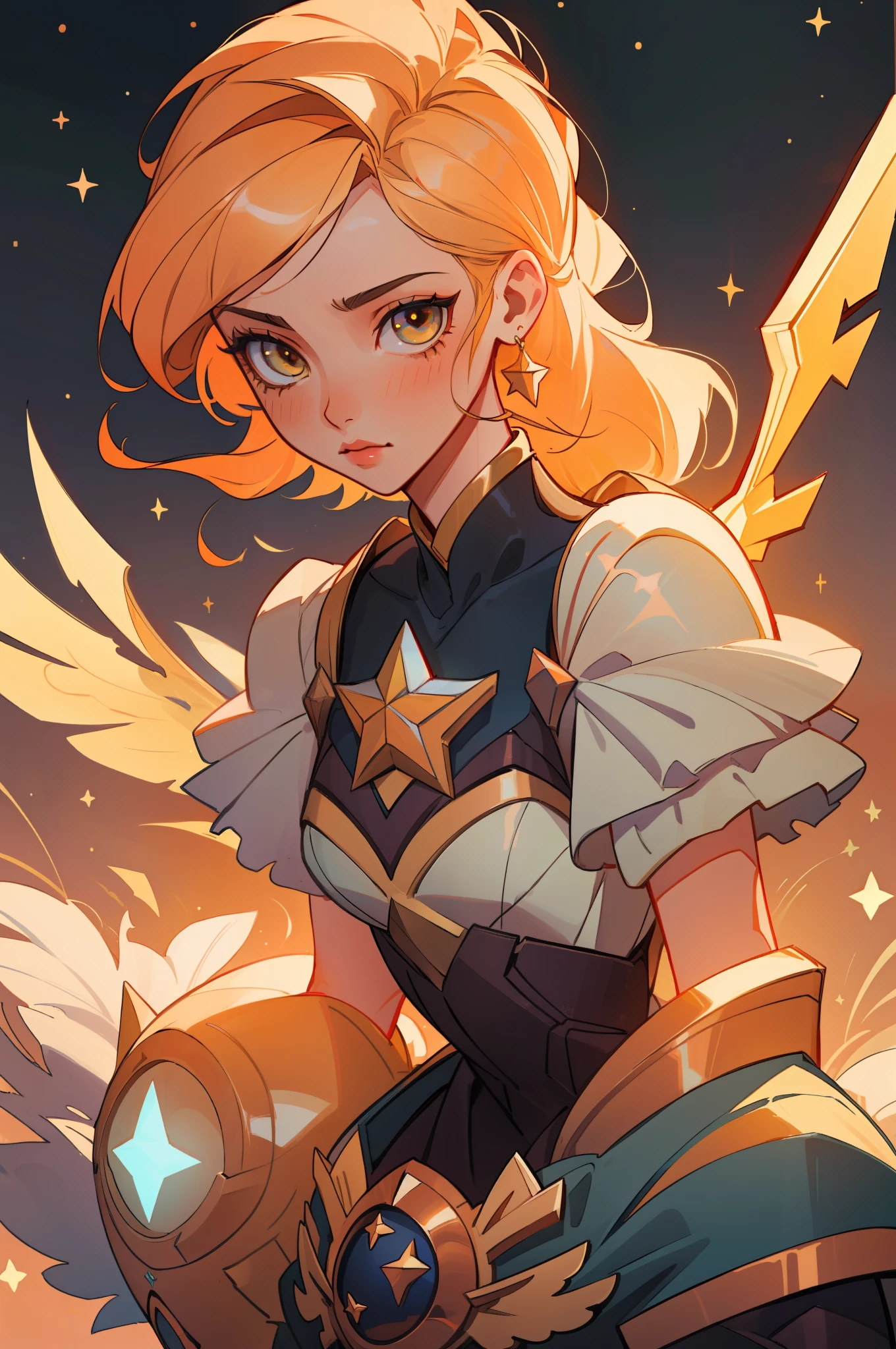 (masterpiece, best quality), intricate details, 8k, artstation, sharp focus, 1girl, star guardian, league of legends, (warm color theme)