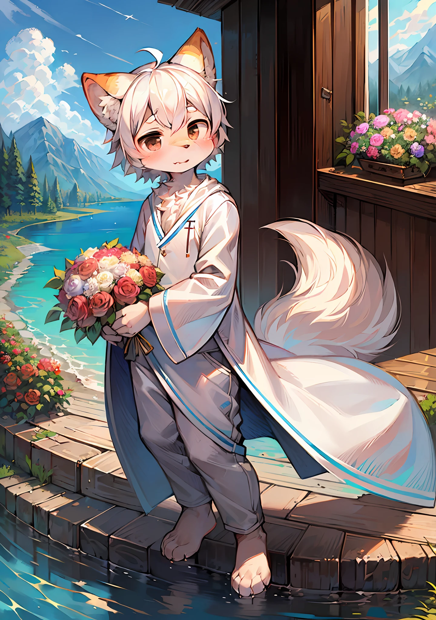 (Bright environment:0.8),masterpiece,high quality,abstract res,digital painting\(artwork\), by dagasi, yupa,kiyosan,(anthro,fluffy fur,character focus:1.1),anthro male cat,short hair,portrait , Bright eyes, Panoramic View, Character focus.(detailed backgrounds:0.7), 独奏, shaggy, Hairy male, Male focus, anthr,(Full body fur, Fluffy tail, White fur, Black eyes, white colored hair:1.2), (Long canids、Junior high school student、White robe,White top,White trousers:1.2),(Bright outdoors,clear skies,Azure sky,Bouquet,a paradise,Lake,shy,Fine:1.1)