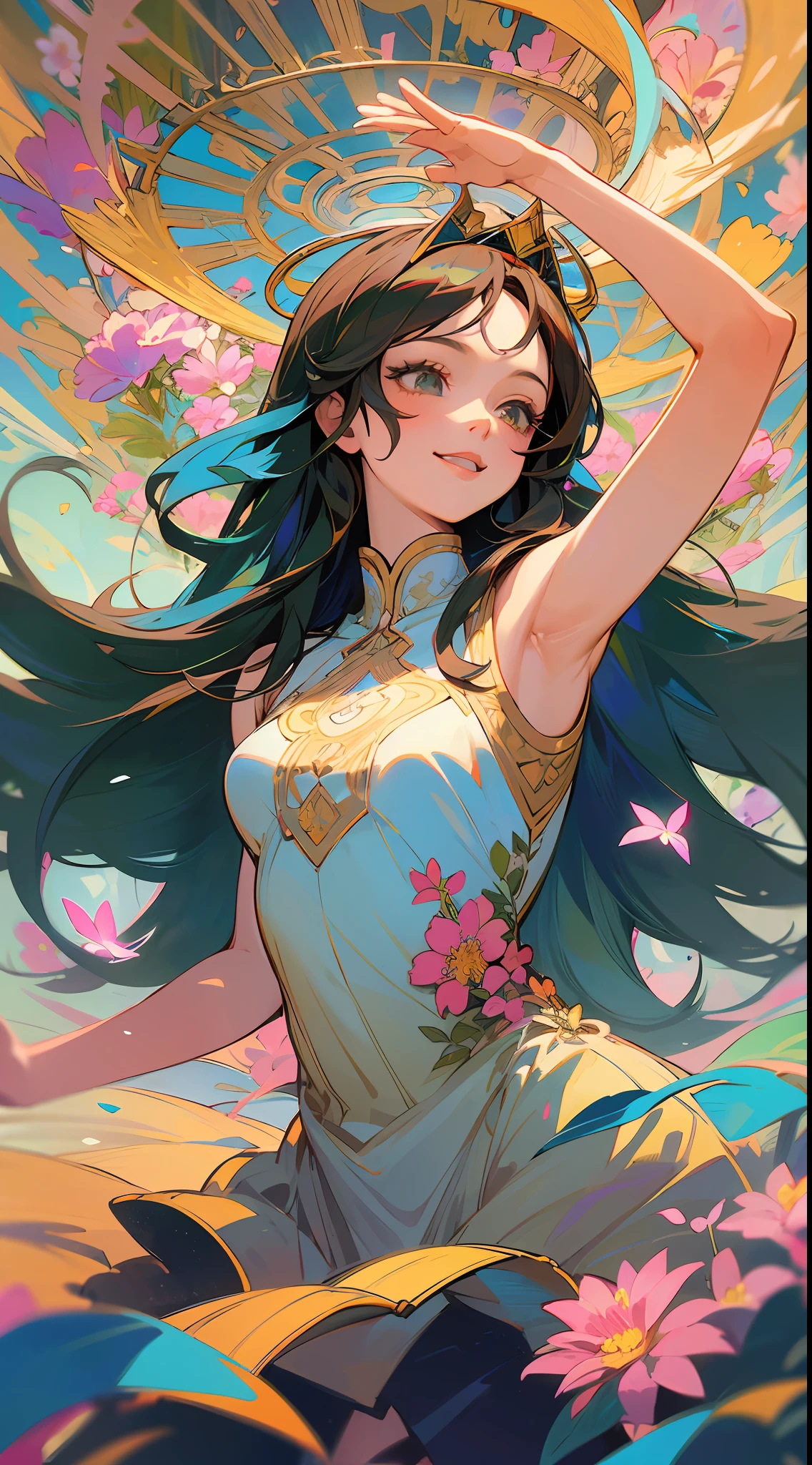 Alpha ounce Mucha, (Decorative composition: 1.6), Masterpiece, High quality, ((Photorealistic)), cinematic direction, (High contrast), Depth of field, (award-winning difference photo), facial detailing, Detailed drawing, there is a place in the forest where flowers bloom, girl dancing in a snow-white summer dress in a flower garden, girl is 9 years old, very long hair，Brunette Hair, Summer sky, Summer clouds, (dazzling sunlight in summer: 1.4), Flower Garden, girl with open arms, gargantilha, flower tiara, butterflies, Fluttering petals, dynamic movement, (Dance), Make a smile, showing teeth, (((flowers))), liana, leaf, (dazzling halo),