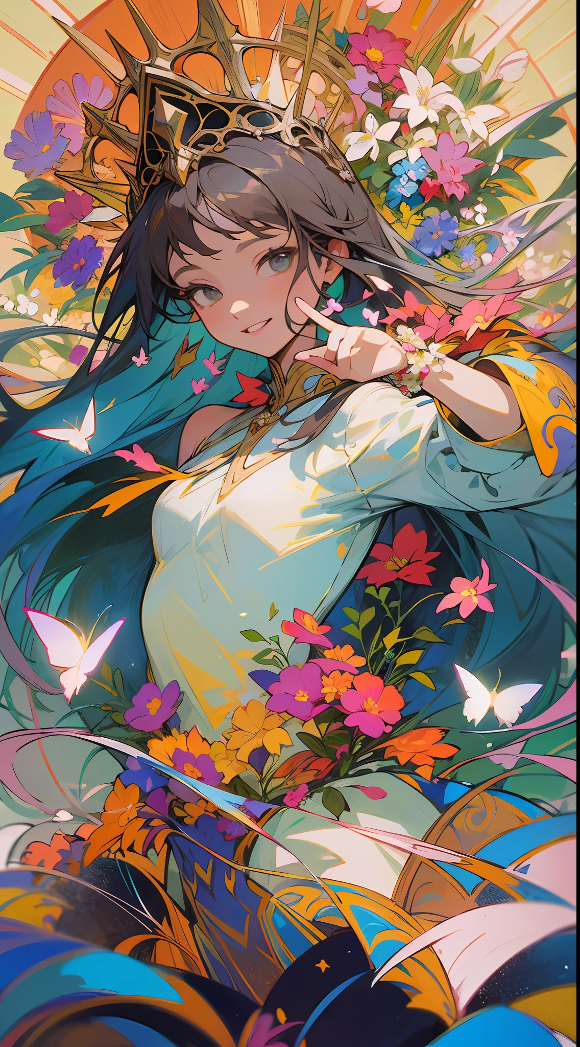 Alpha ounce Mucha, (Decorative composition: 1.6), Masterpiece, High quality, ((Photorealistic)), cinematic direction, (High contrast), Depth of field, (award-winning difference photo), facial detailing, Detailed drawing, there is a place in the forest where flowers bloom, girl dancing in a snow-white summer dress in a flower garden, girl is , very long hair，Brunette Hair, Summer sky, Summer clouds, (dazzling sunlight in summer: 1.4), Flower Garden, girl with open arms, gargantilha, flower tiara, butterflies, Fluttering petals, dynamic movement, (Dance), Make a smile, showing teeth, (((flowers))), liana, leaf, (dazzling halo),