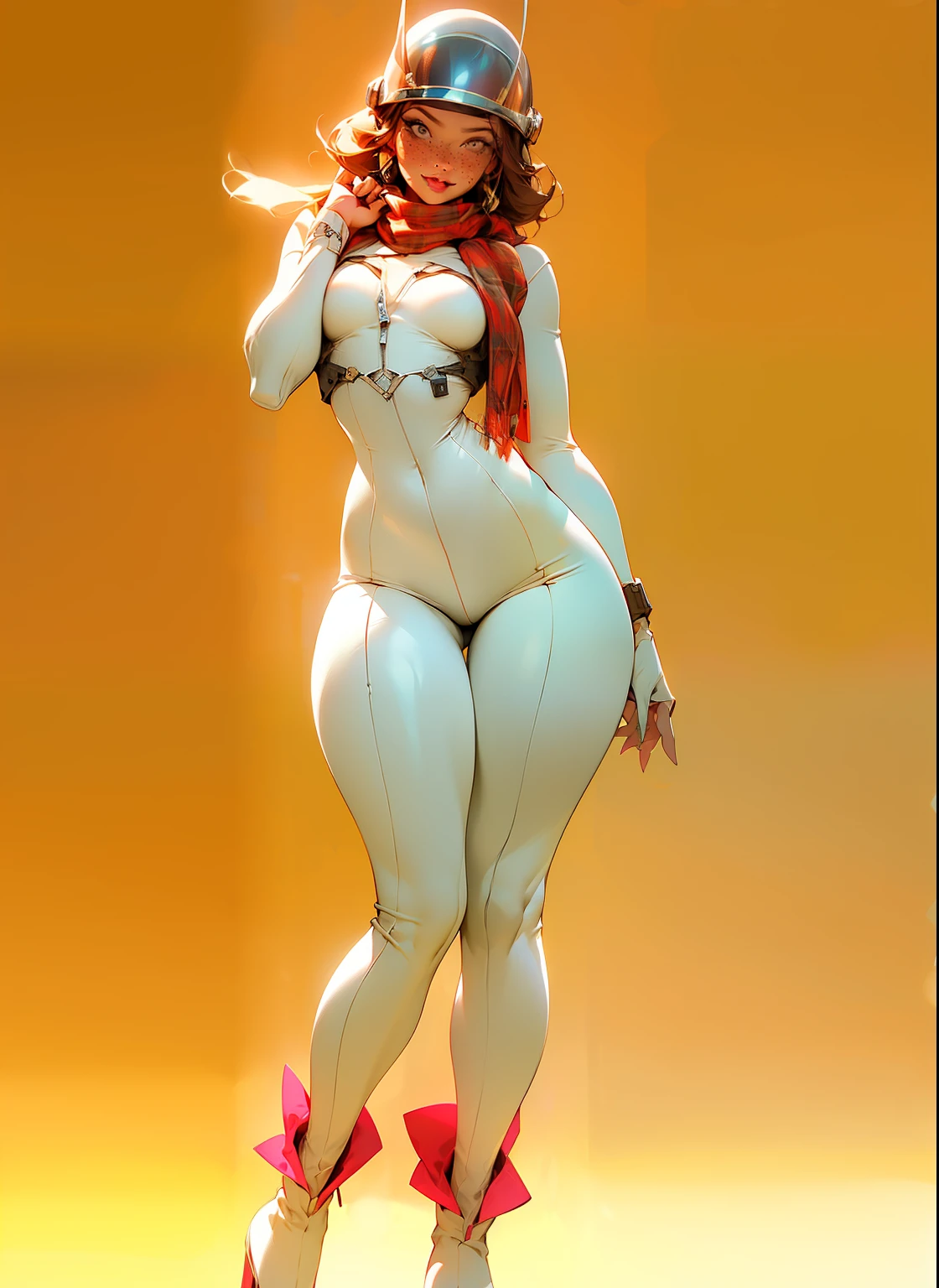 tartan scarf around neck, plaid scarf, wide hips, thick thighs, anatomically correct, (head to toe: 2.0), (full body image: 2.0), 1girls, solo, (Casshern: 1.6), extremely stylized, deviant art, masterpiece, highly detailed, bright eyes, detailed eyes, expressive detailed eyes, wide eyed, detailed pupils, futuristic, ((1950s scifi helmet)), ((pointy helmet)), Rubber Gloss, white pants, blush, (white rubber skinsuit:1.4), white boots, blush, small breasts, ((nipping out:1.4)), (((nipping out))), lots of freckles, super textured detailed skin, entire body image, full body shot, nvinkpunk, professional photograph of alexander_skarsgard,
