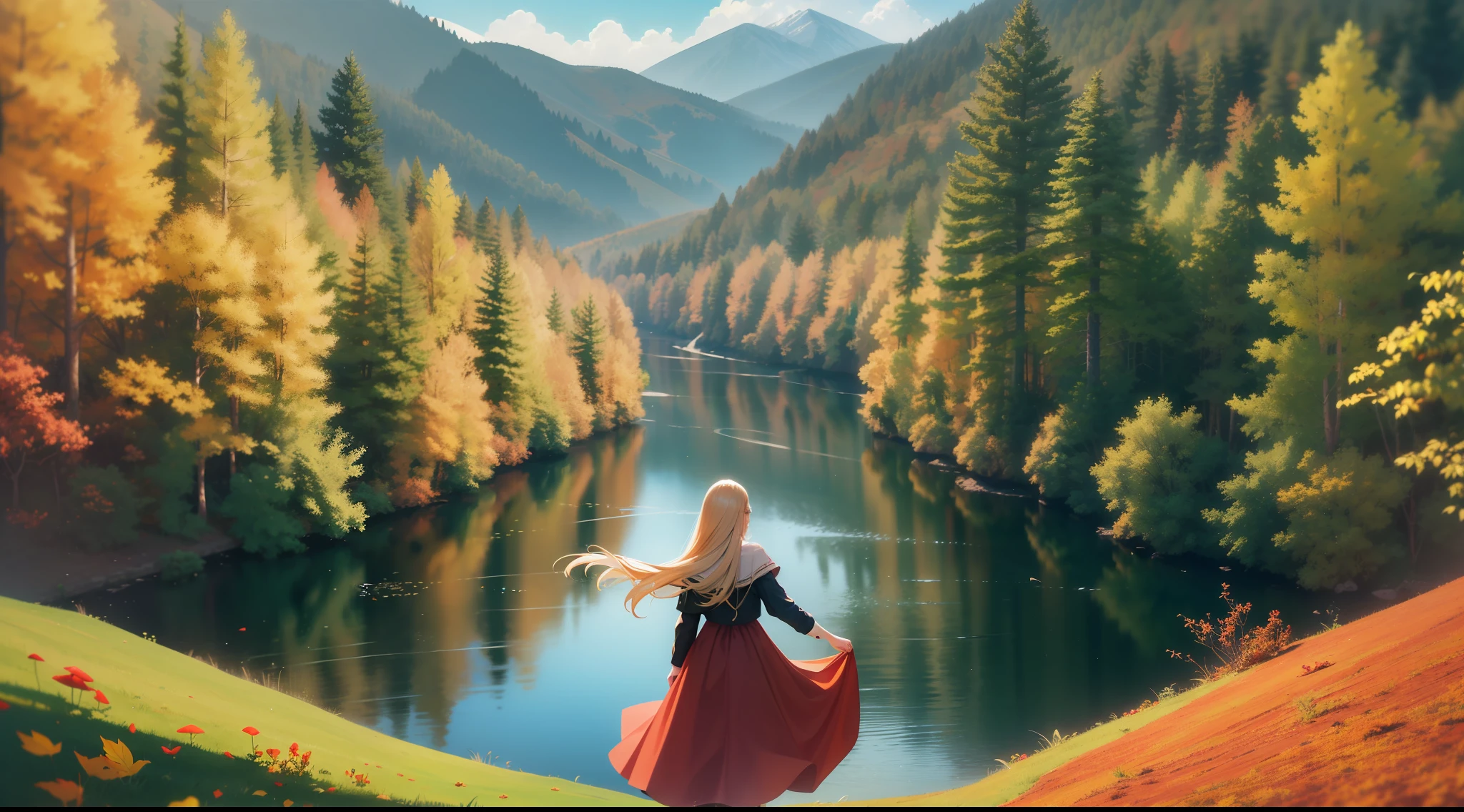 Description: A smiling woman with long blonde hair and red dress in an expansive landscape (a top-down view that shows the top of a mountain and a vast forest with rivers below). The water is clear and translucent, with autumn leaves floating as the wind blows strongly, making the leaves fly around.
Environment: The landscape is extremely green, full of trees, villages and mountains, with a giant tree standing out in the background. The seas are reflective and the flora creates strong shadows. The sky is extremely blue, with white clouds.
Lighting: The lighting is extremely strong, alternating between light and shadow, with special focus on the color green. Use ray tracing reflections and RTX to perfect the sunlight that illuminates every woman, making her hair and dress transparent and creating bright reflections.
Technical Details: Use Unreal Render, Octane Render and HDR to ensure quality in 8K UHD. Emphasize realistic skin details such as visible pores, and add lomography and film grain effects. The volumetric mist adds an artistic touch, highly detailed, colorful details, (bright lighting, atmospheric lighting)
Additional Elements: Add colorful mushrooms, flowers and butterflies to create a fantastic atmosphere. The shadows and lights should be intense to reinforce the feeling of strong wind. Colors should be vibrant and vivid.
Observations: The image should depict only woman and nature, without any human construction. Emphasize the transparent red dress and the strong colors present in the scene.