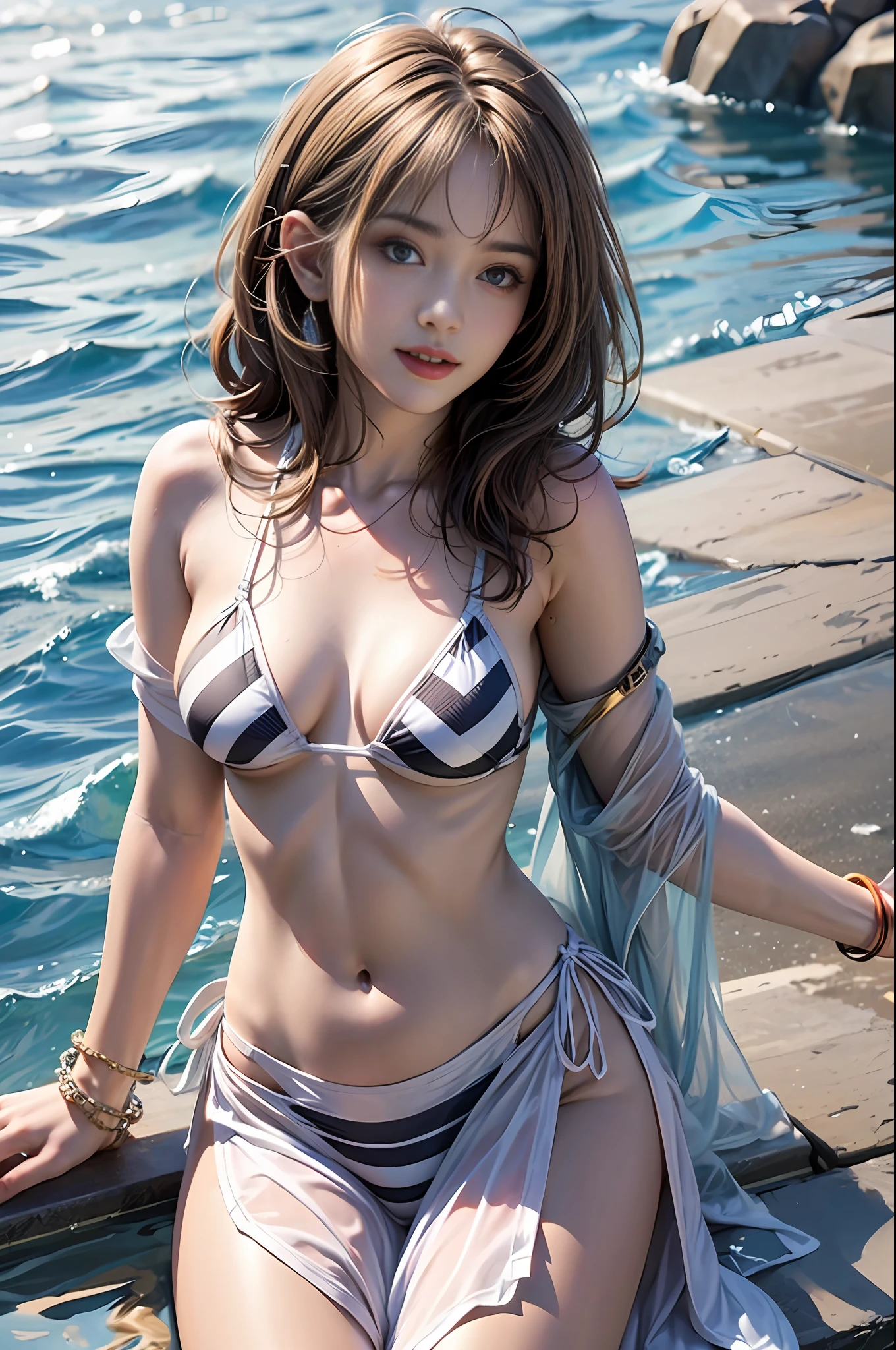 (4 k, 16K, masterpiece, Raw photo, Best Quality, detail:1.2), Photorealistic,  extremely detailed CG Unity 8k wallpapers,
 irl,  Cinematic light, ultra high-resolution,
break 


(Beautiful face, Cute face, Beautiful lips, Beautiful eyes:1.2),  elegant, gorgeous

1girl, 独奏, Swimsuit, Bikini, striped, striped_Bikini, pools, Smile, brown_Hair, Navel, Realistic, Breasts, brown_eyes on, armband, Looking_in a_the viewer, jewelry, Water, long dress_Hair, Medium_Breasts