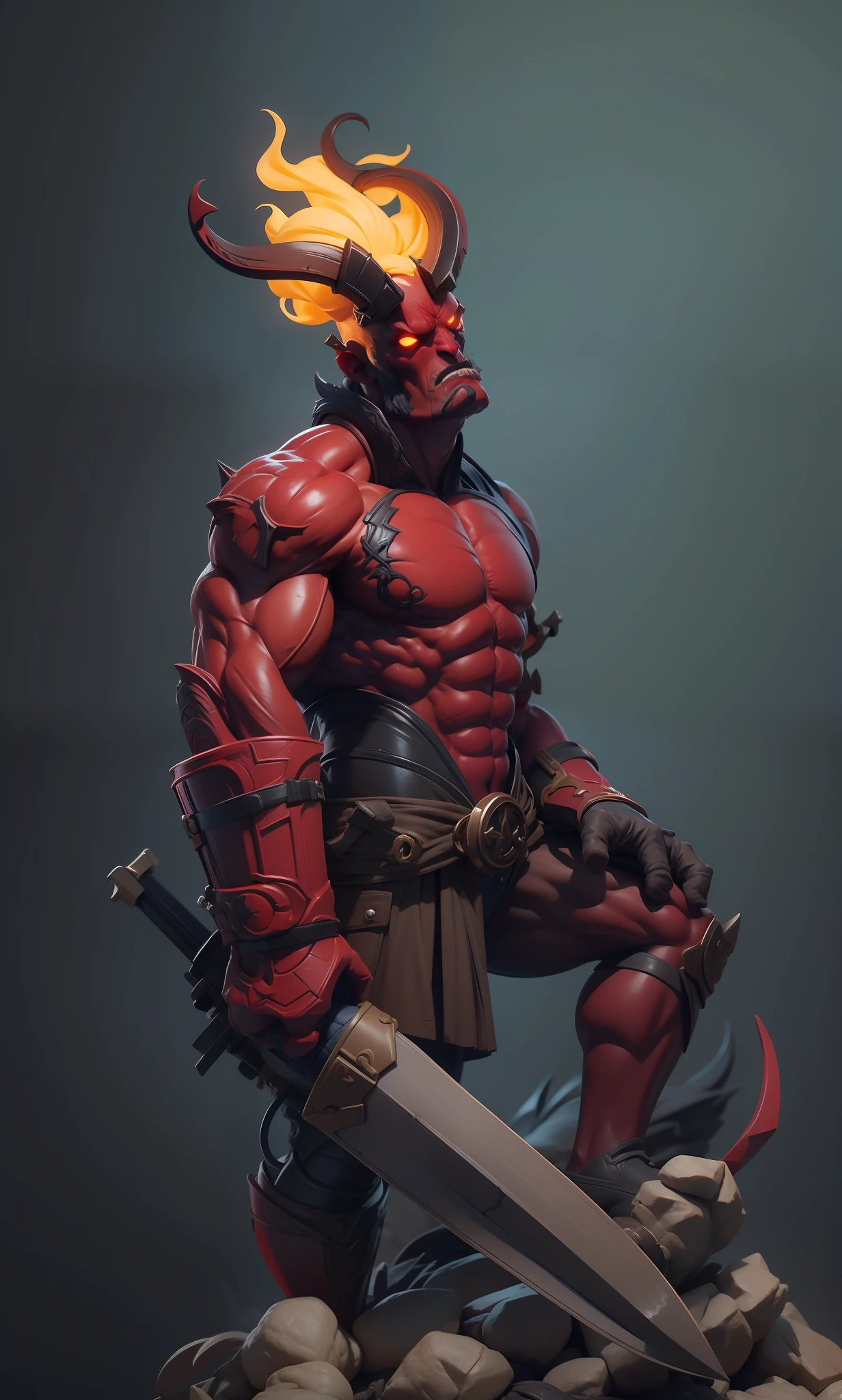 Hellboy segurando uma espada grossa e velha, músculoso, unreal engine 5, 8k.