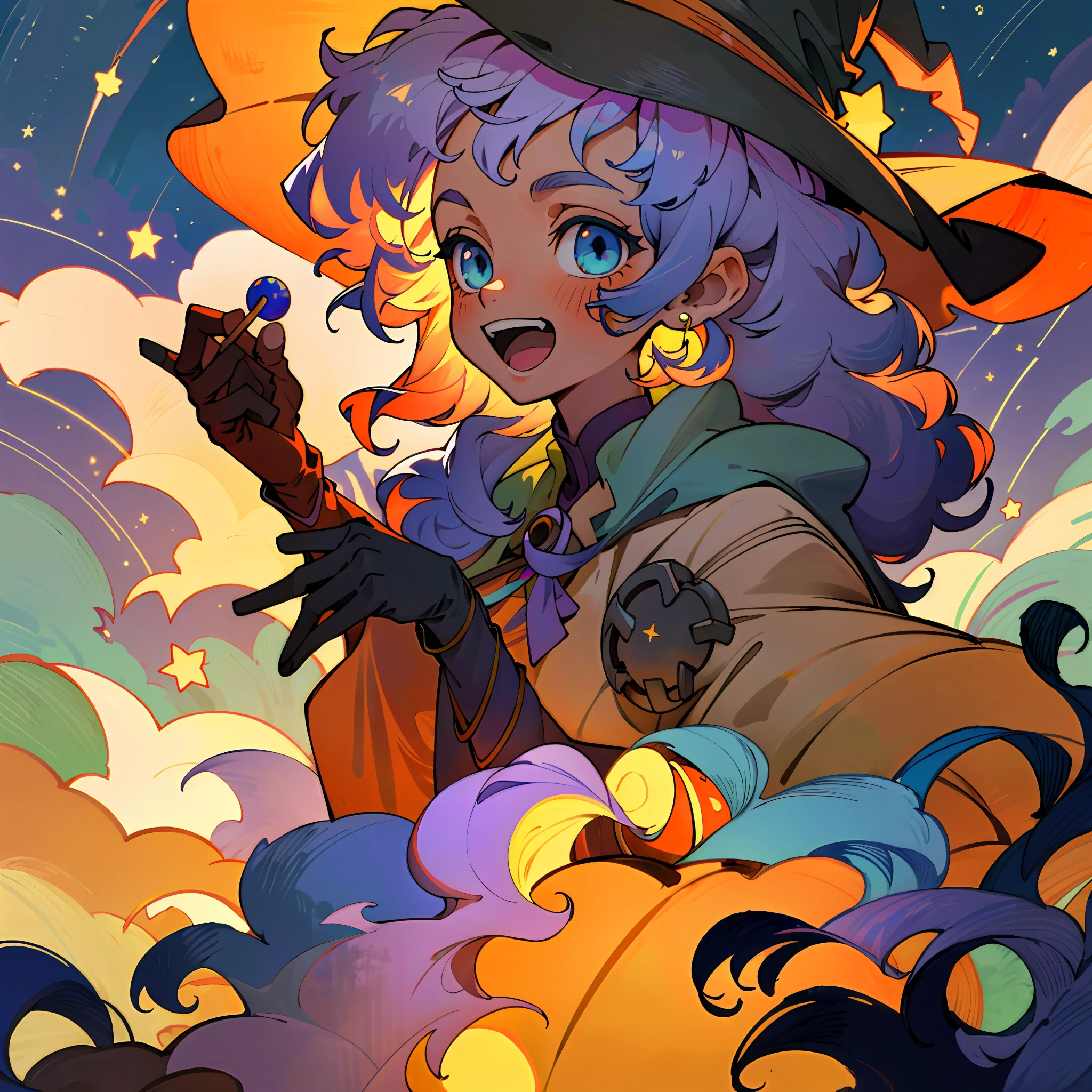 ((masterpiece:1.2, best quality)), 1girl, solo, (witch hat), a close up of a girl with curly hair, dress, aurora, night, star (sky), gloves, sky, dress, night sky, open mouth, starry sky, light blue eyes, ribbons, smile, cape, colorful hair, magic, casting spell, night, (impressionism:1.4), alphonse mucha, Halloween colors, colorful candy, magical lights, pumpkins, candies