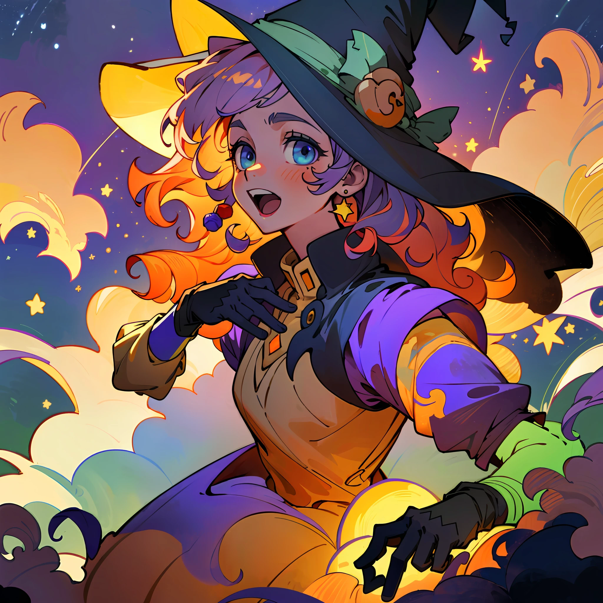 ((masterpiece:1.2, best quality)), 1girl, solo, (witch hat), a close up of a girl with curly hair, dress, aurora, night, star (sky), gloves, sky, dress, night sky, open mouth, starry sky, light blue eyes, ribbons, smile, cape, colorful hair, magic, casting spell, night, (impressionism:1.4), alphonse mucha, Halloween colors, colorful candy, magical lights, pumpkins, candies