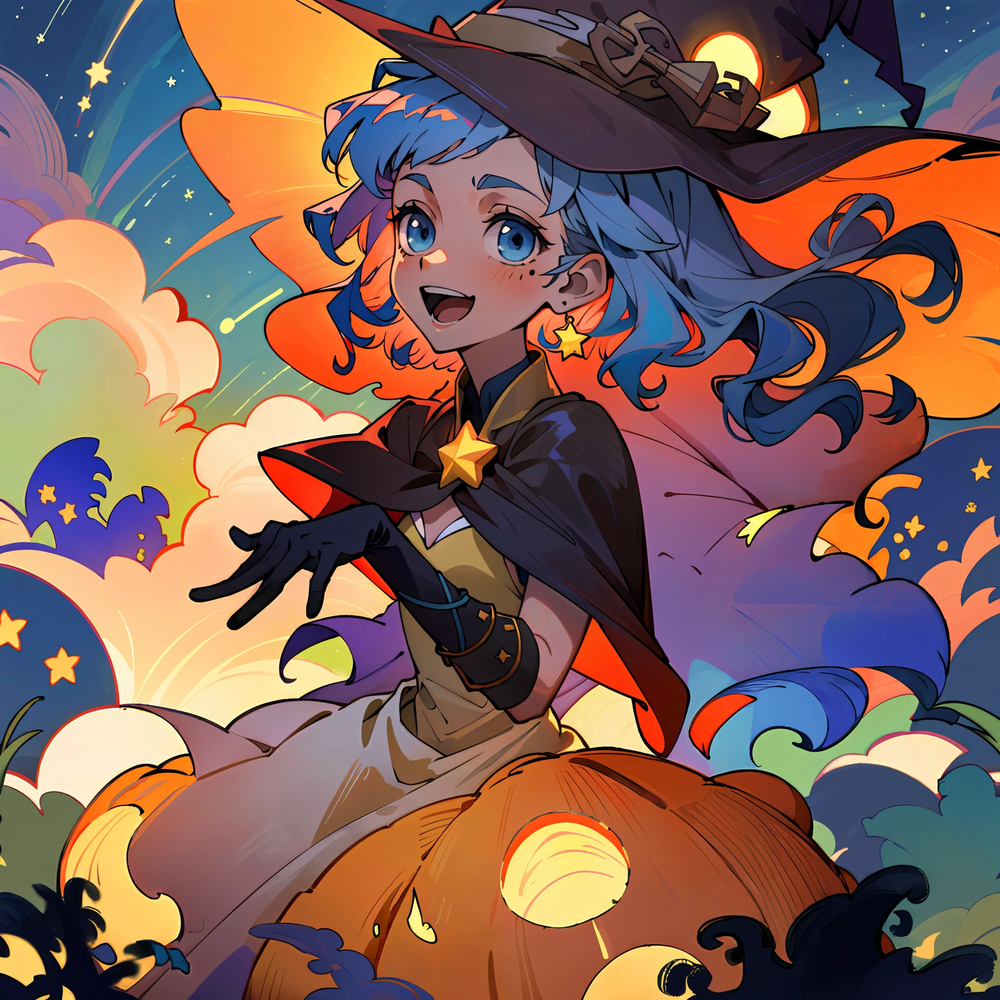 ((masterpiece:1.2, best quality)), 1girl, solo, (witch hat), a close up of a girl with curly hair, dress, aurora, night, star (sky), gloves, sky, dress, night sky, open mouth, starry sky, light blue eyes, ribbons, smile, cape, colorful hair, magic, casting spell, night, (impressionism:1.4), alphonse mucha, Halloween colors, colorful candy, magical lights, pumpkins, candies