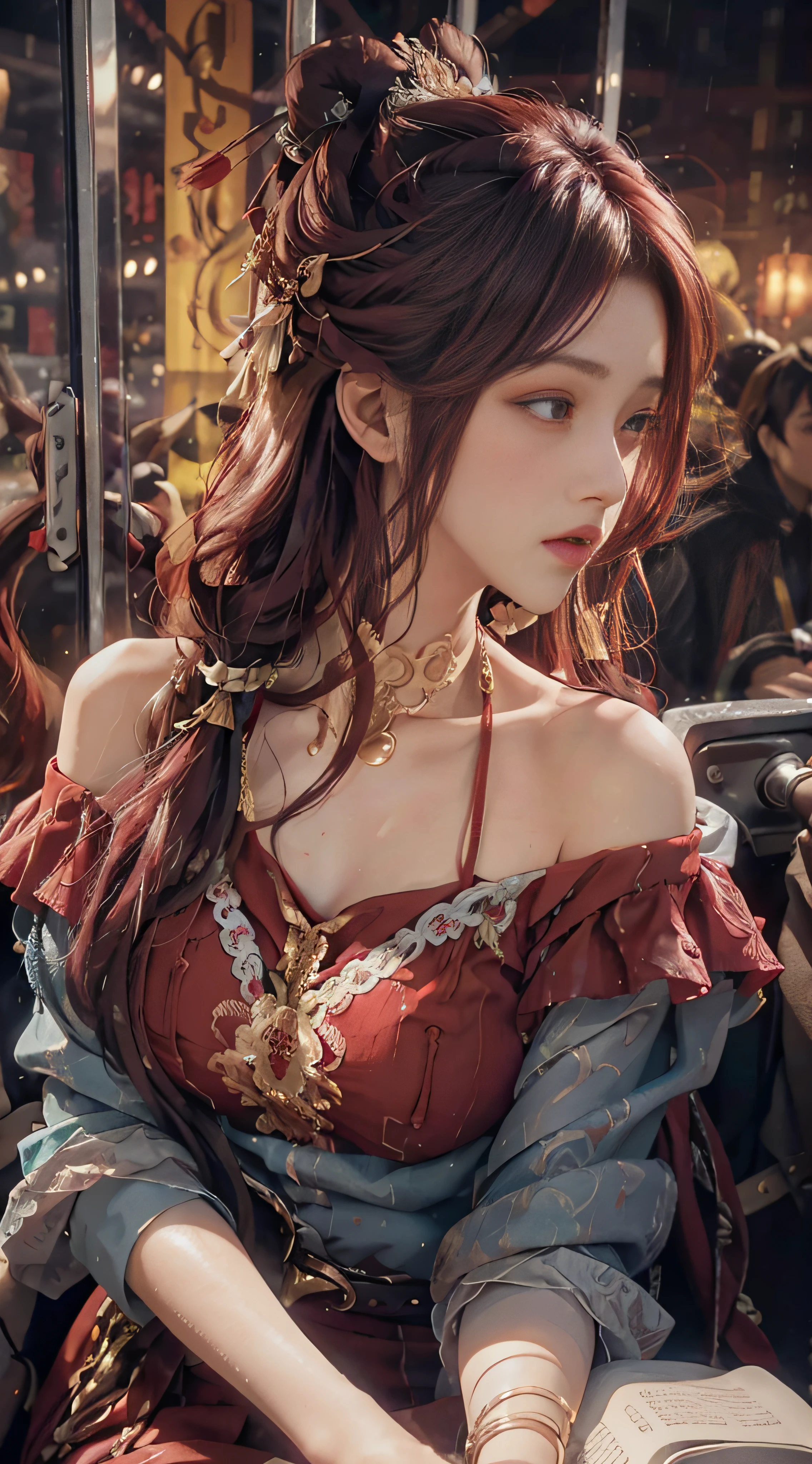 (from the outside) the best quality, masterpieces, realistic photos, intricate details, original photos, off work, home, on a private jet, it's raining outside, hoodies, red hair, extra-long hair, off-the-shoulders, feather hair accessories,