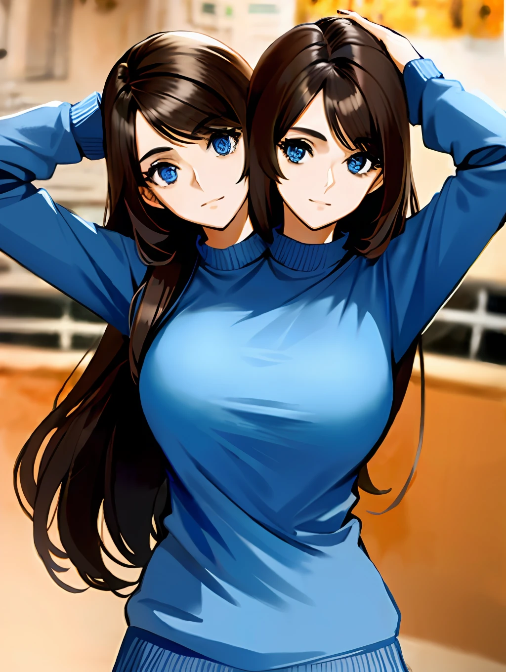 2heads, 2heads tribreasts, solo, close up, posing, long brown hair, blue sweater, outside,
