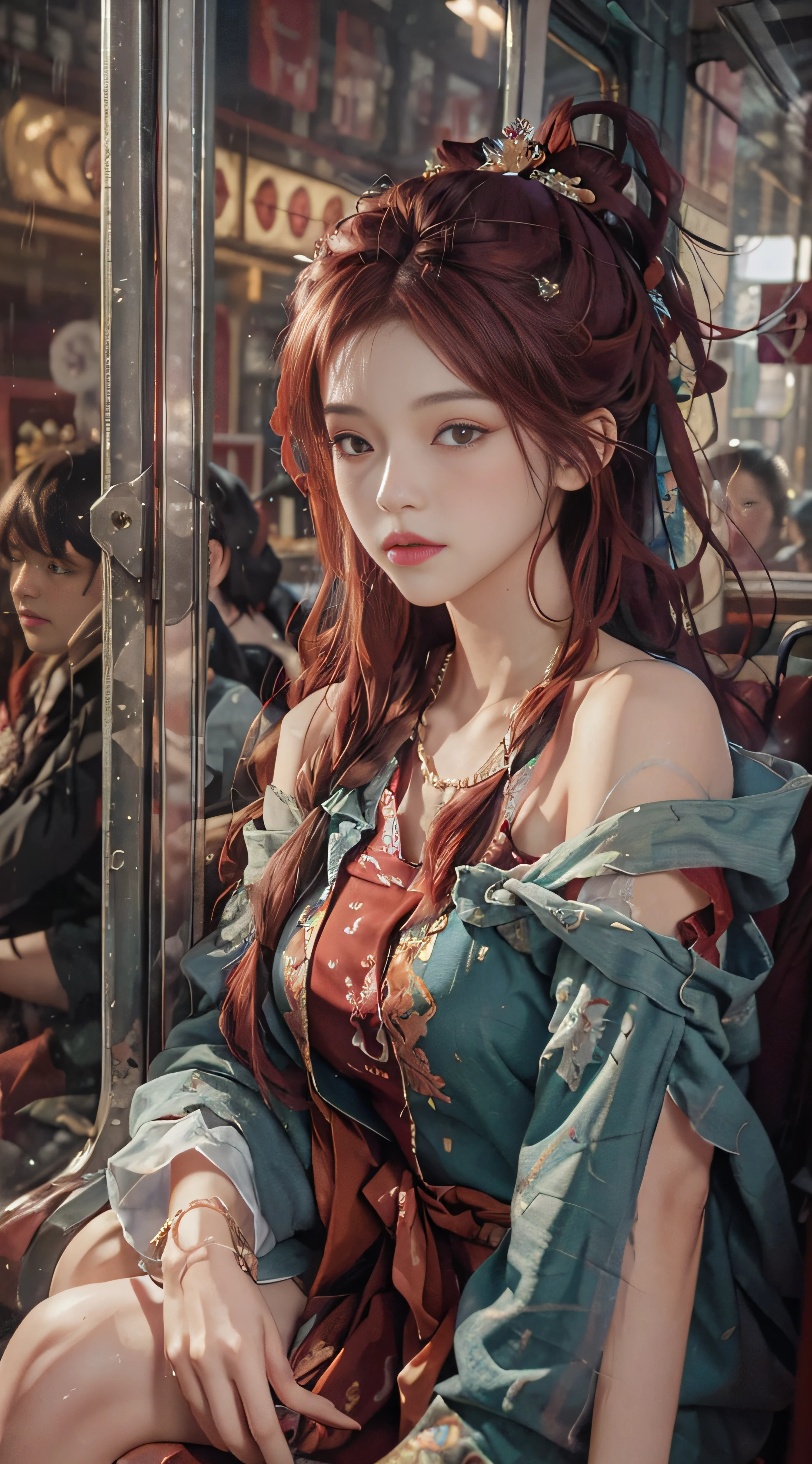(from the outside) the best quality, masterpiece, realistic photos, intricate details, original photos, off work, home, on the way, on the bus, it's raining outside, hoodies, red hair, extra-long hair, off-the-shoulders, feather hair ornaments,